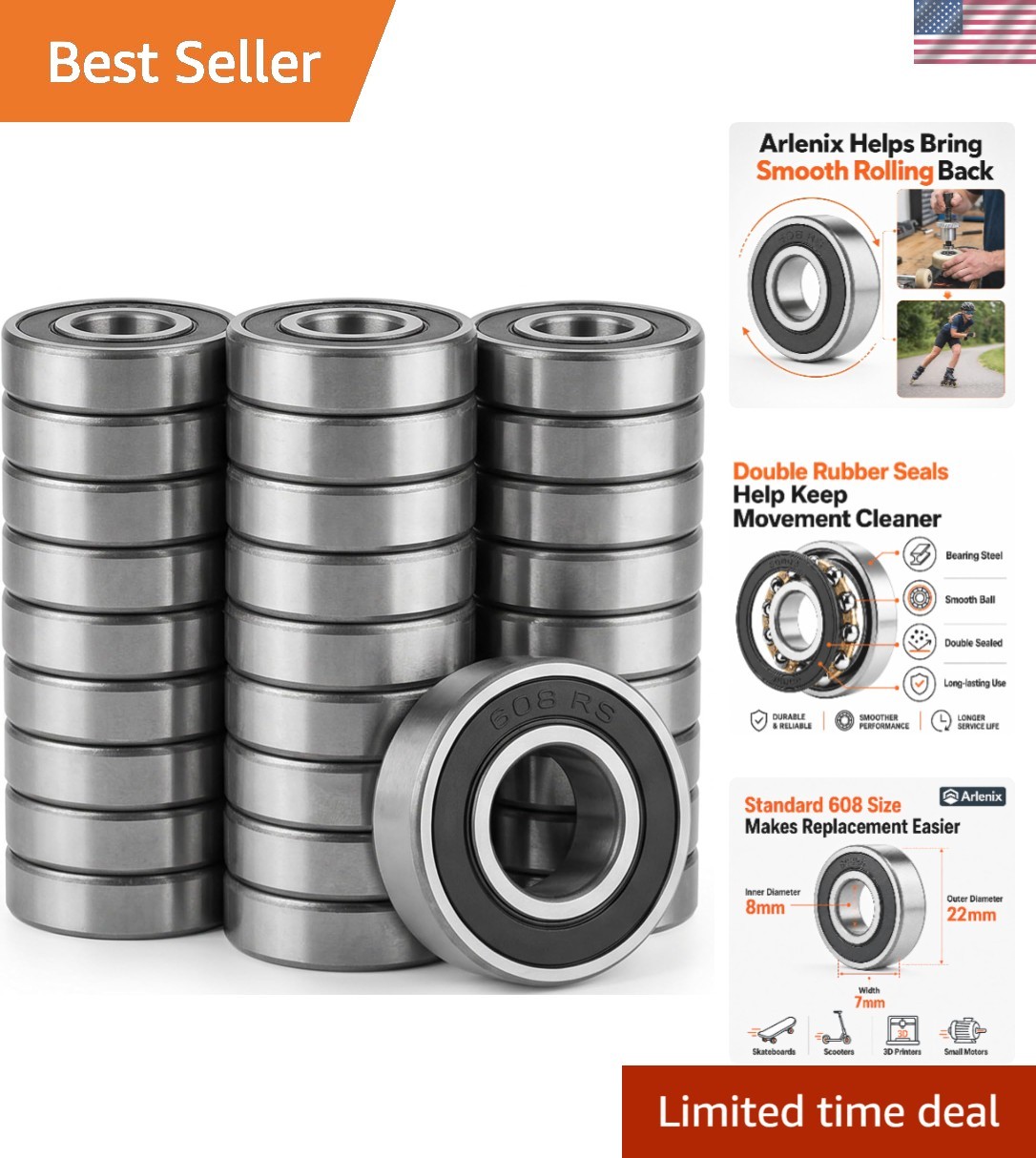 Durable 20 Pack 608 Bearings 2RS - Perfect for Skateboards, DIY Repairs & More