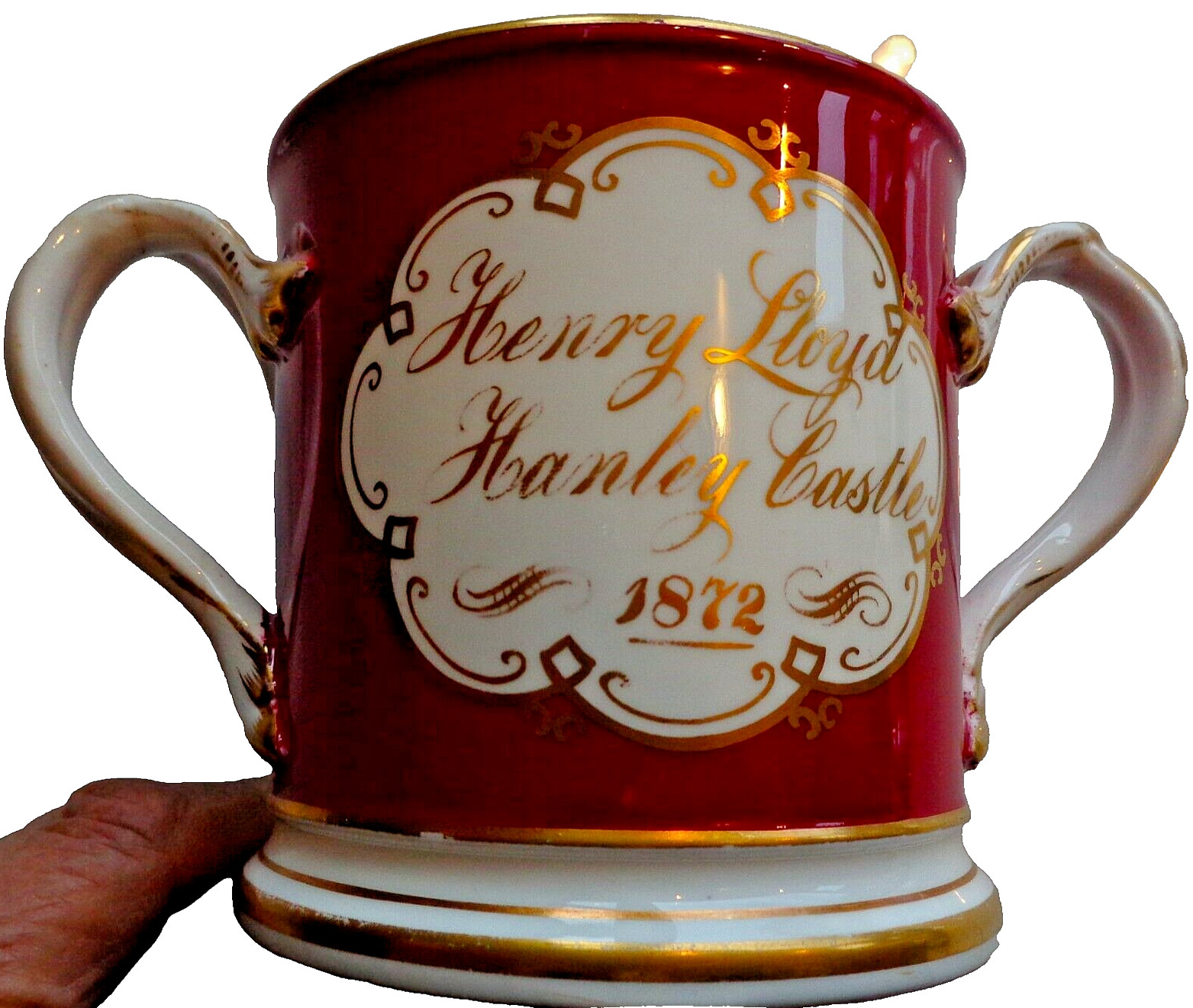 COALPORT MUG DATED 1872 HENRY LLOYD HANLEY CASTLE HAND PAINTD 2 FISHTAIL HANDLES