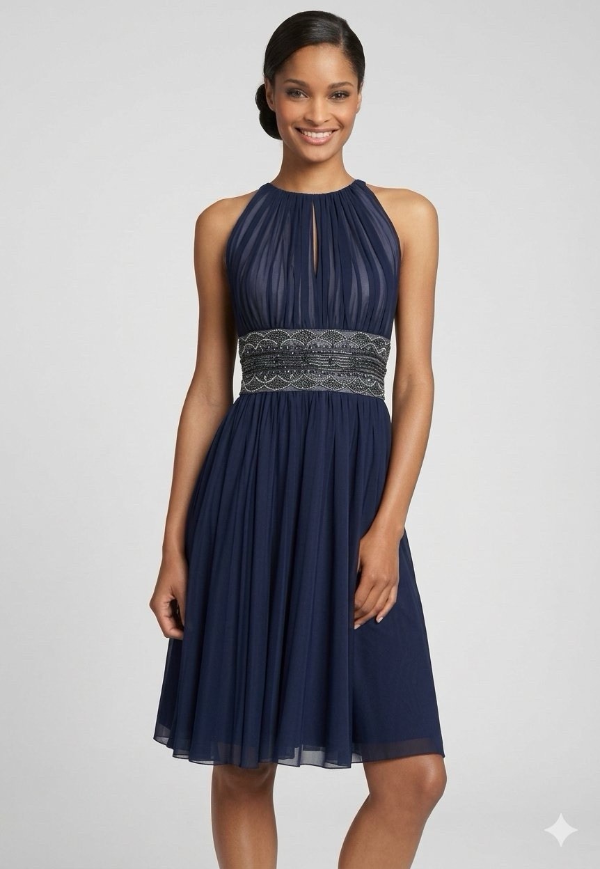 NWTJS Boutique Navy Blue Mesh Beaded Waist Halter Cocktail dress Sz 8 MSRP $139