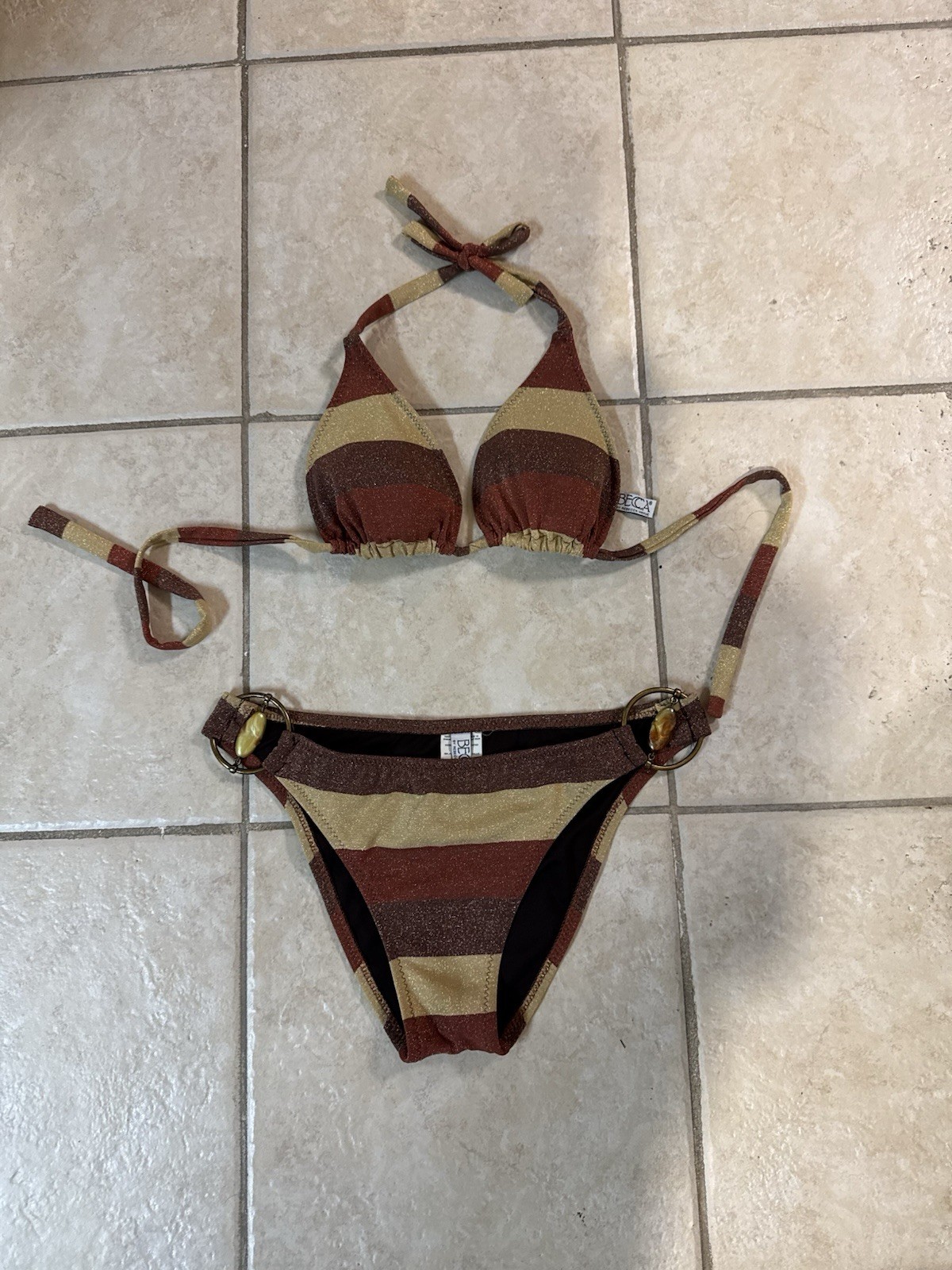 BECCA Canyon Sunset Metallic Stripe Bikini Set Size M