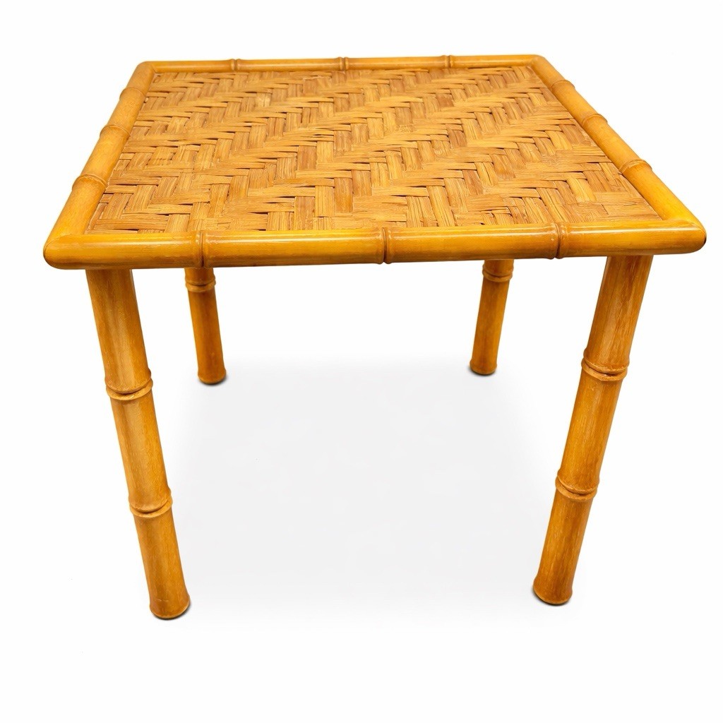 VTG Mid Century Bamboo Side Table Woven Rattan Top Boho MCM Accent Plant Stand