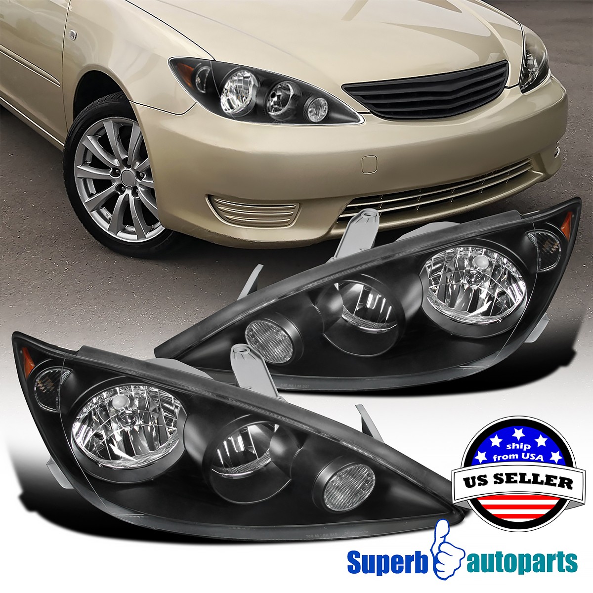 Fits 2005-2006 Toyota 05-06 Camry Black Headlights Driving Lamps Replacement Fits 2005-2006 Toyota 05-06 Camry Black Headlights Driving Lamps Replacement