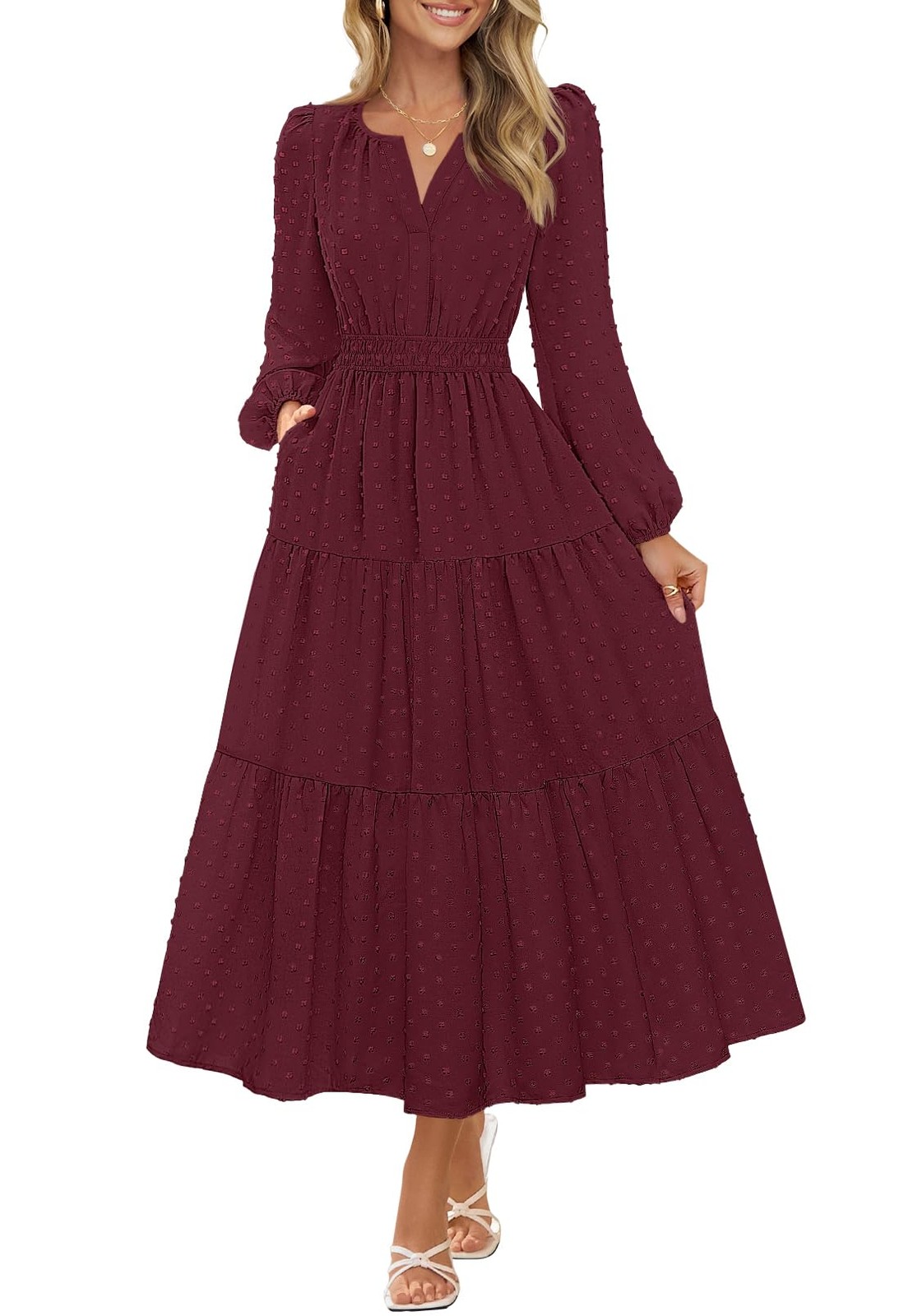MEROKEETY Women\'s Wine Fall Long Sleeve Maxi Dress 2026 Boho Ruffle Tiered S
