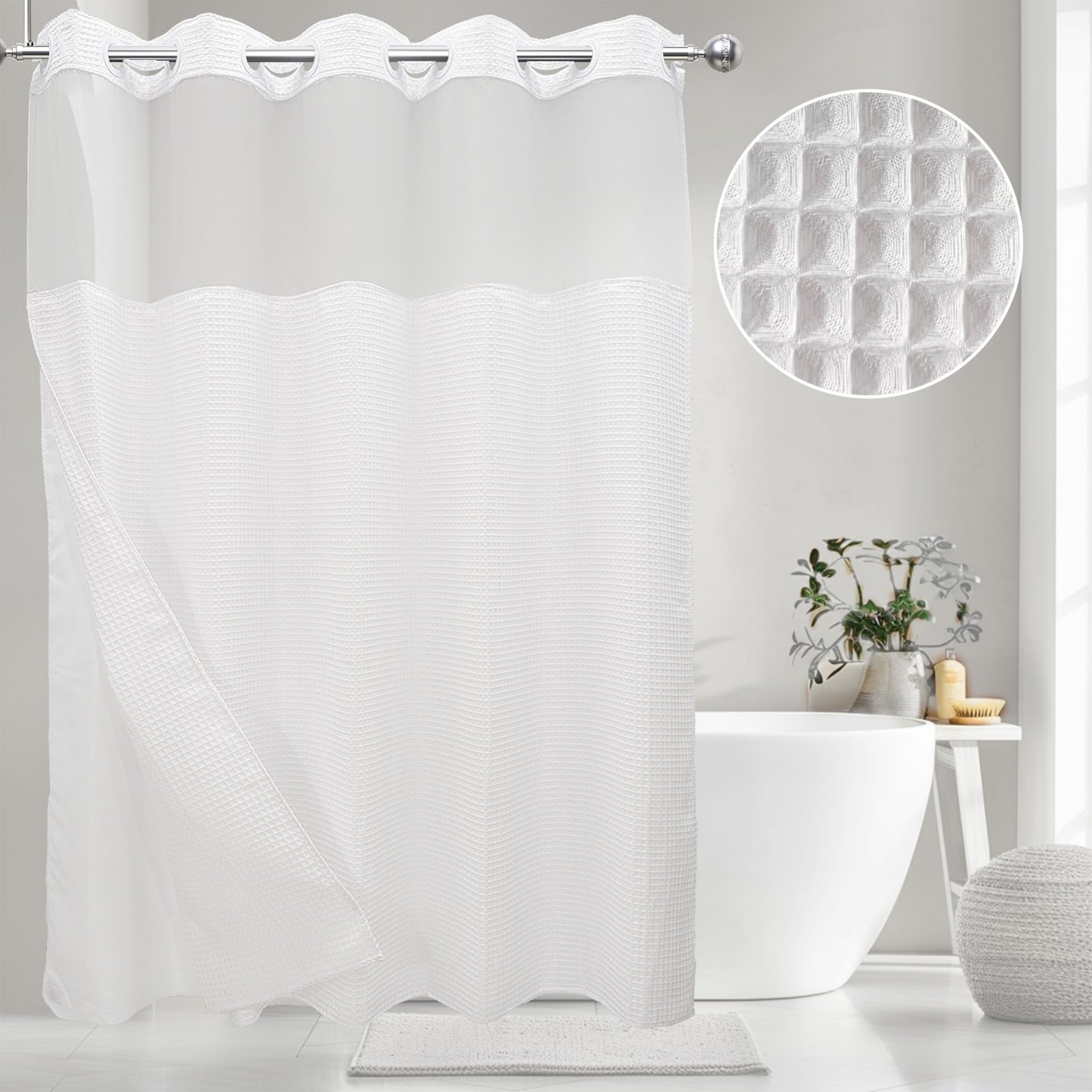Hookless Waffle Weave Shower Curtain with Snap-In Liner - 71W X 74H, W... Hookless Waffle Weave Shower Curtain with Snap-In Liner - 71W X 74H, W...