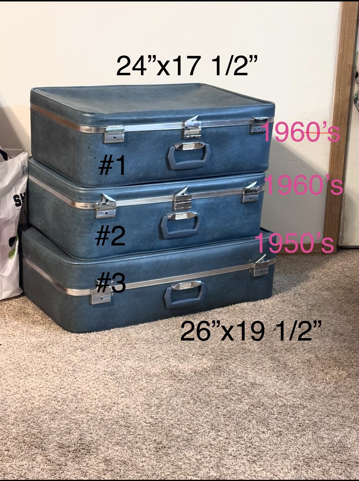 Vintage 1960s Blue Vinyl Hard-Shell Locking Suitcase Set, Over 100L Vintage 1960s Blue Vinyl Hard-Shell Locking Suitcase Set, Over 100L