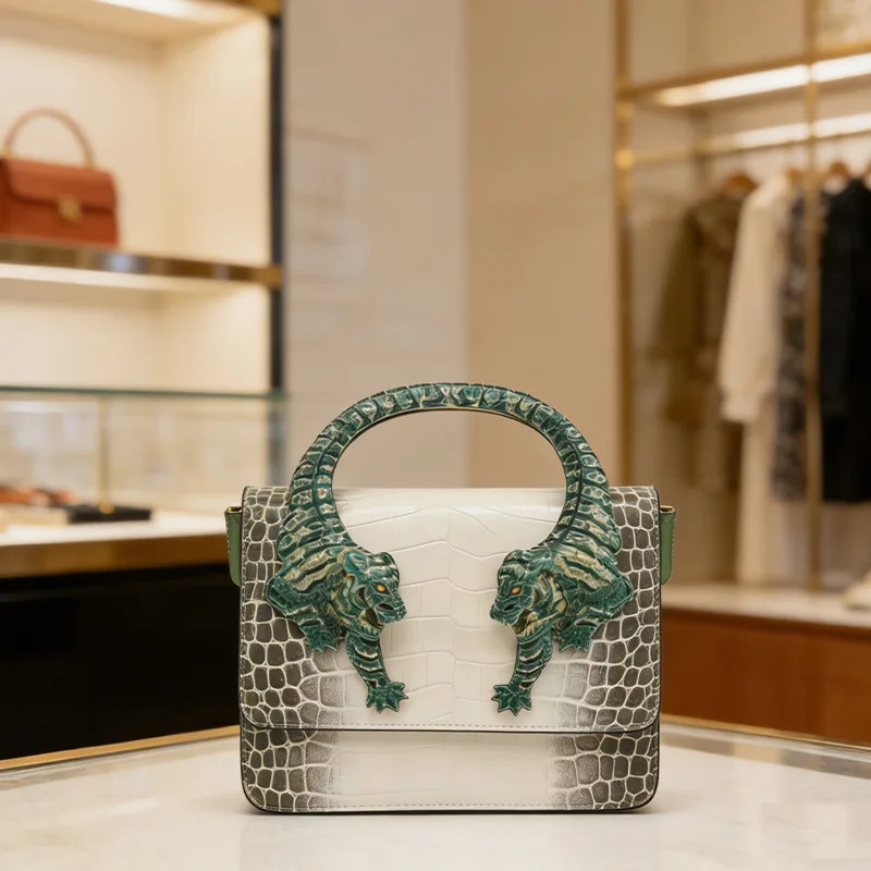 Women's Embossed Crocodile Leather Tiger Handle Shoulder Handbag Women's Embossed Crocodile Leather Tiger Handle Shoulder Handbag