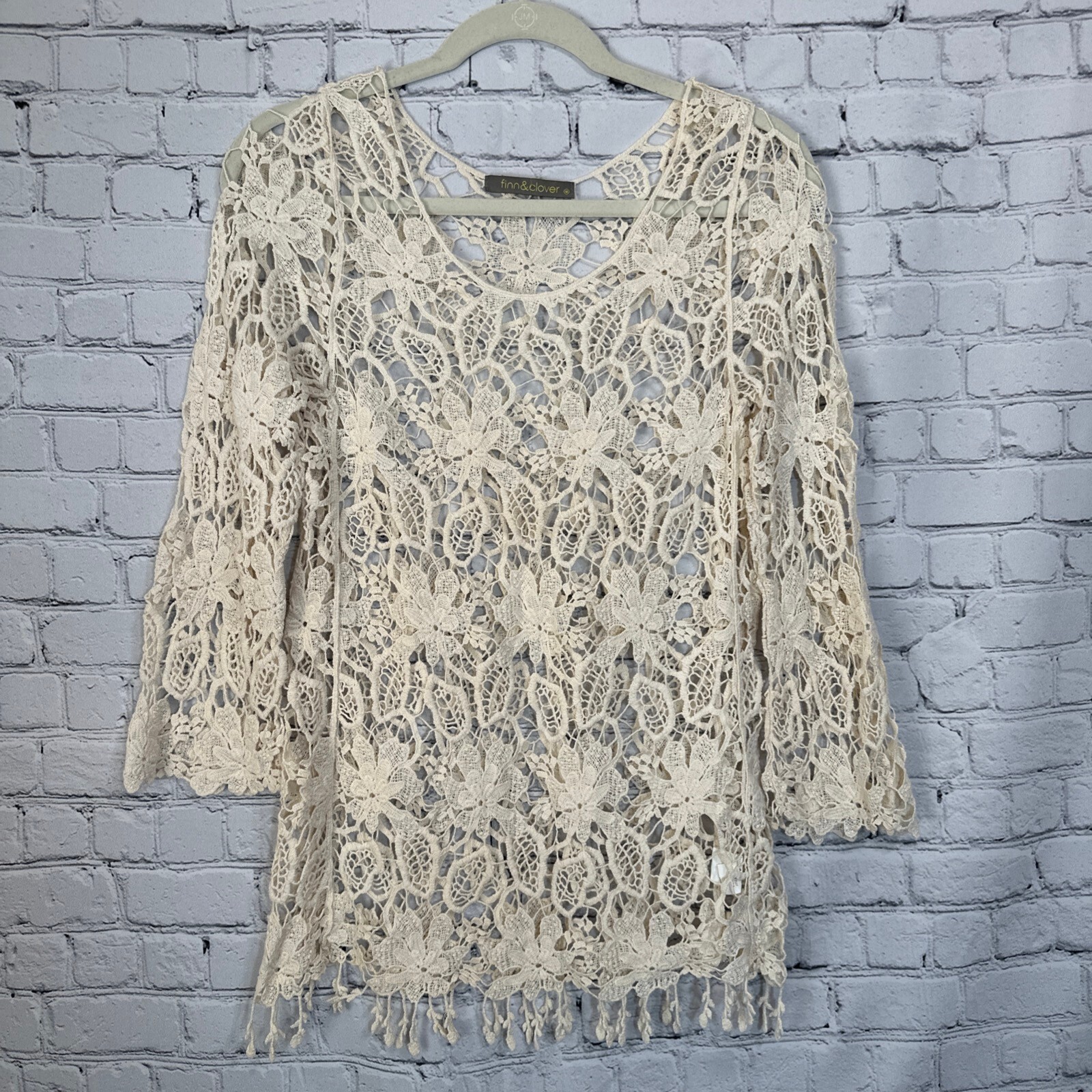 Finn & Clover Boho Cottage Crochet Lace Tunic w/ Fringe Hem M
