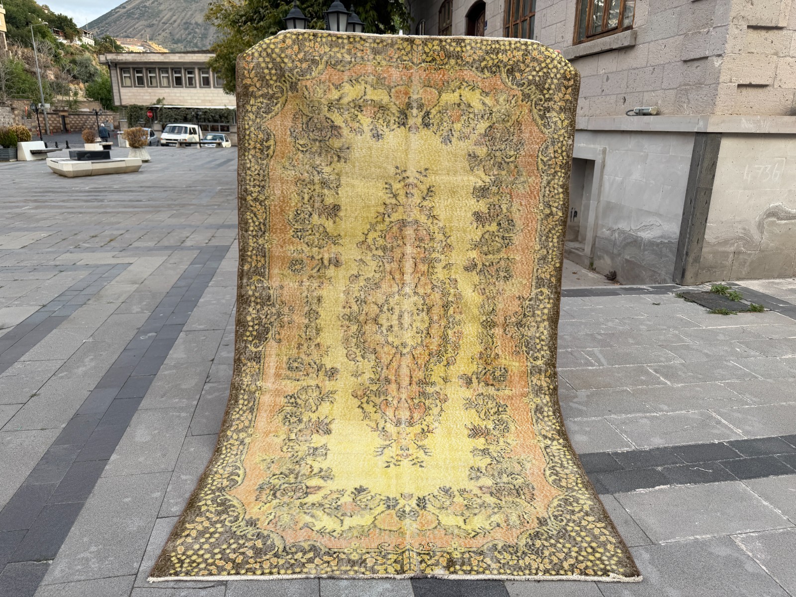 Mustard Yellow Turkish Rug 5.6x9.5 ft Vintage Wool Distressed Floral Carpet