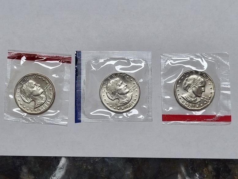 1981 P D S Susan B Anthony Brilliant Uncirculated Dollar 3 Coin Set, Mint Cello