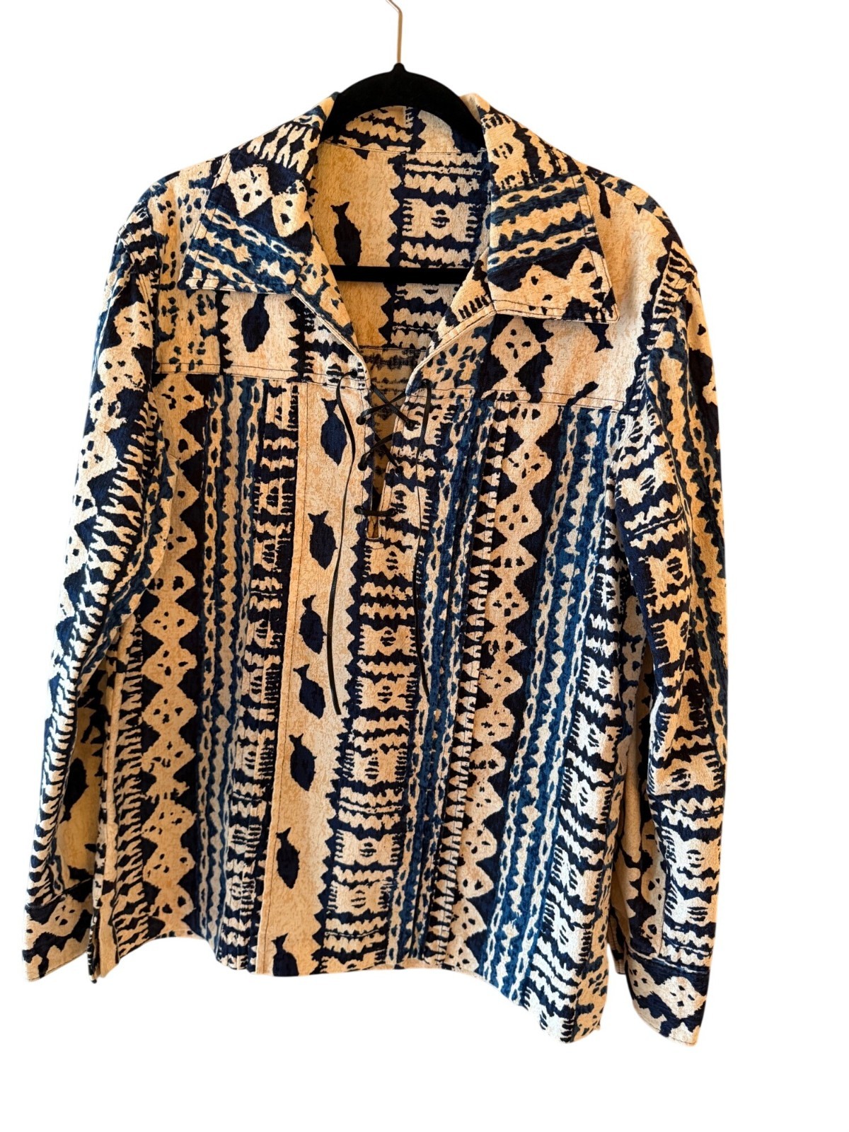 Vintage Hawaiian Bark Cloth Shirt Mens Size Medium Blue Cream Custom Made Tiki