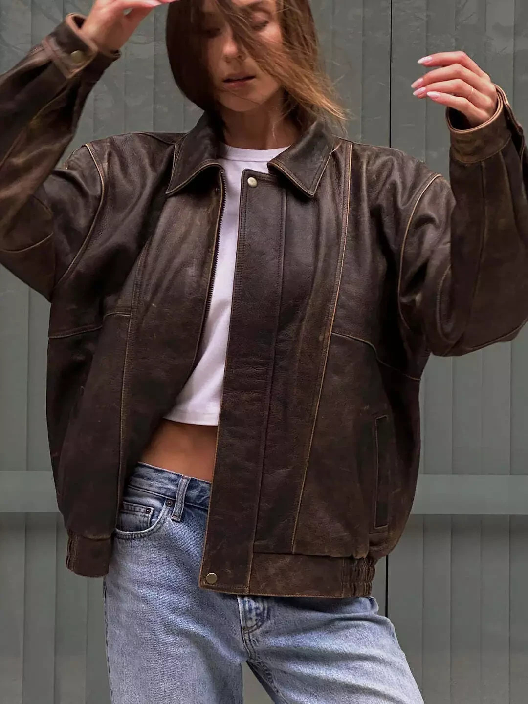 Oversized Women's Distressed Vintage Brown Genuine Leather Crackled Soft Jacket Oversized Women's Distressed Vintage Brown Genuine Leather Crackled Soft Jacket