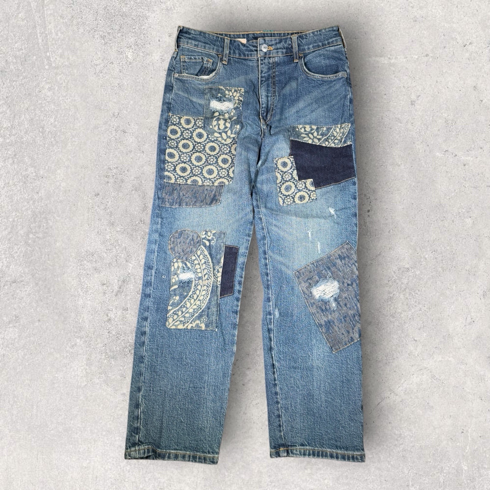 Anthropologie Pilcro The Borrowed Boyfriend Jean Womens 28 Patchwork Boho