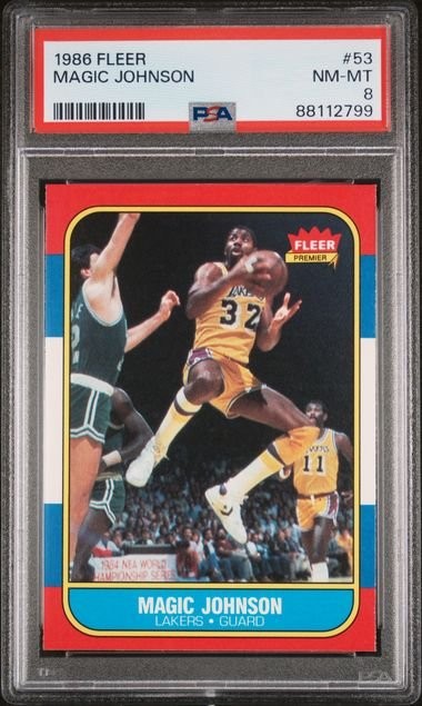 Graded 1986 Fleer Magic Johnson #53 Basketball Card PSA 8 NM-MT Graded 1986 Fleer Magic Johnson #53 Basketball Card PSA 8 NM-MT