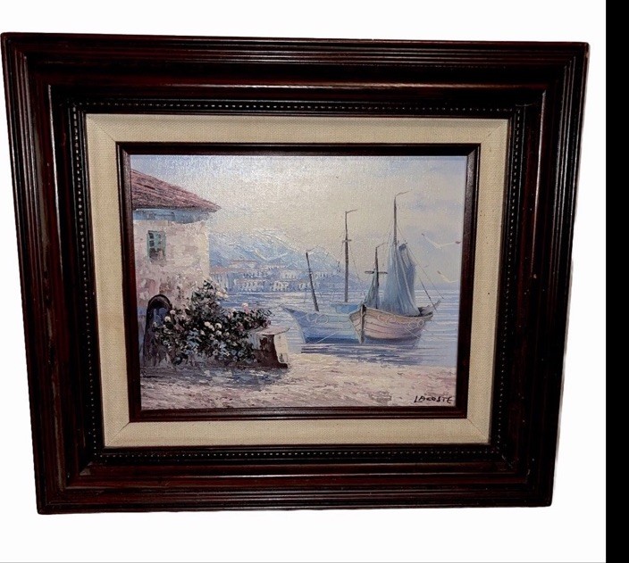 Vintage fun Paula Loomis Boats Harbor Oil Painting Framed Vintage fun Paula Loomis Boats Harbor Oil Painting Framed