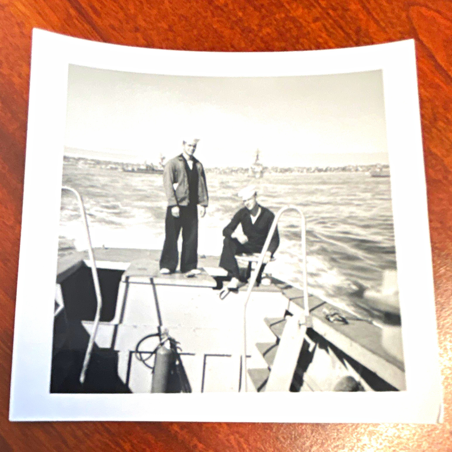 Vintage Military 1962 Black & White Snapshot Photo of Sailors on ship, Signed.