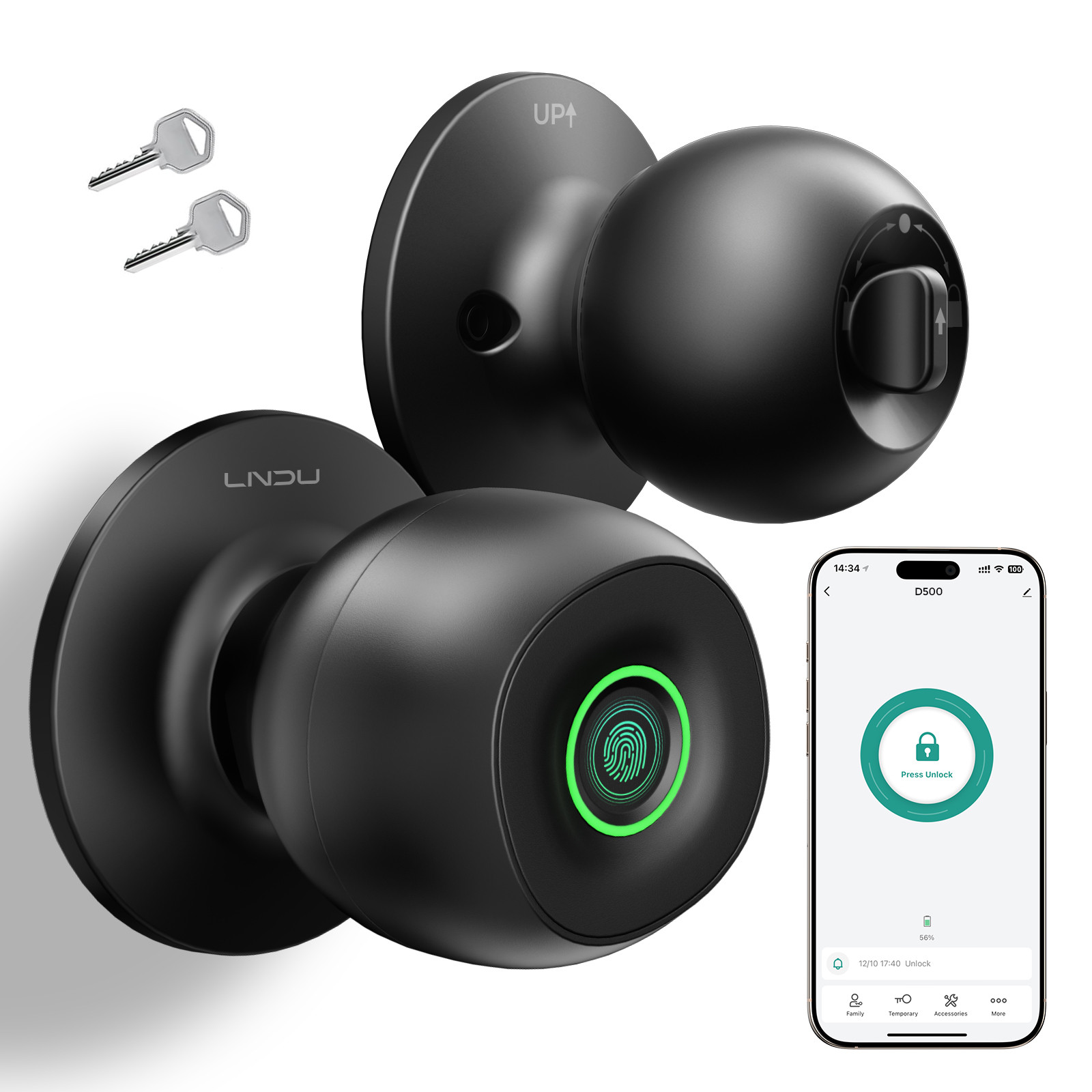 LNDU Keyless Smart Fingerprint Door Knob Lock Silent Mode Bluetooth App Key