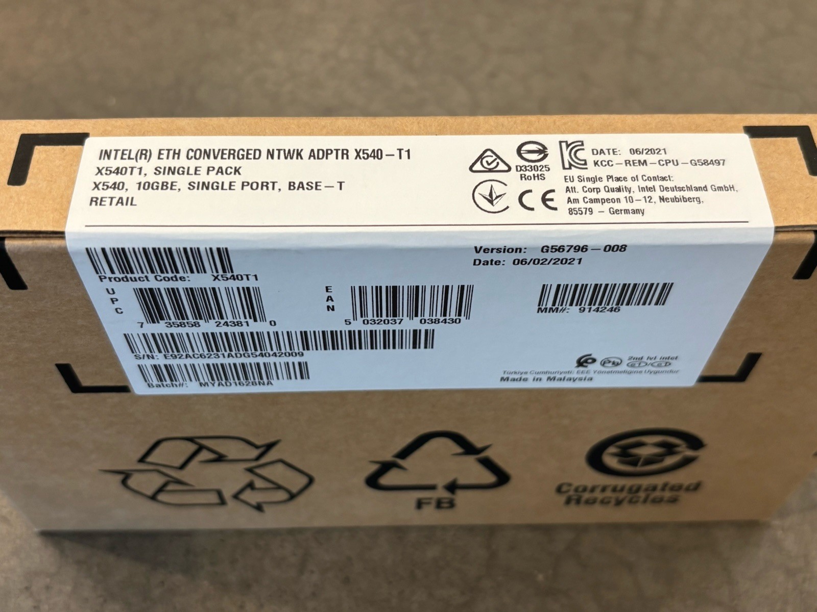 Intel X540-T1 Single Port Ethernet Converged Network Adapter