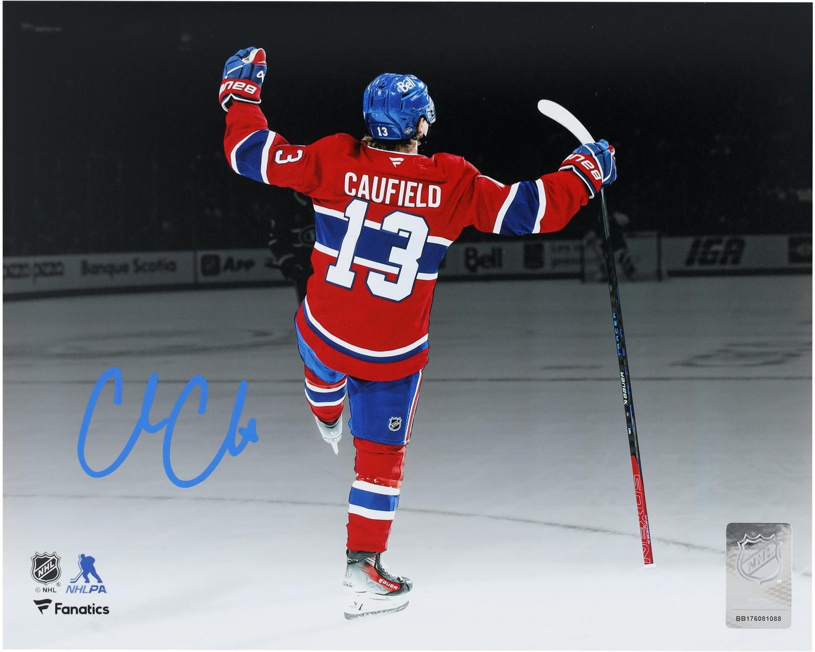 Cole Caufield Montreal Canadiens Signed 8x10 Red Spotlight Celebration Photo Cole Caufield Montreal Canadiens Signed 8x10 Red Spotlight Celebration Photo