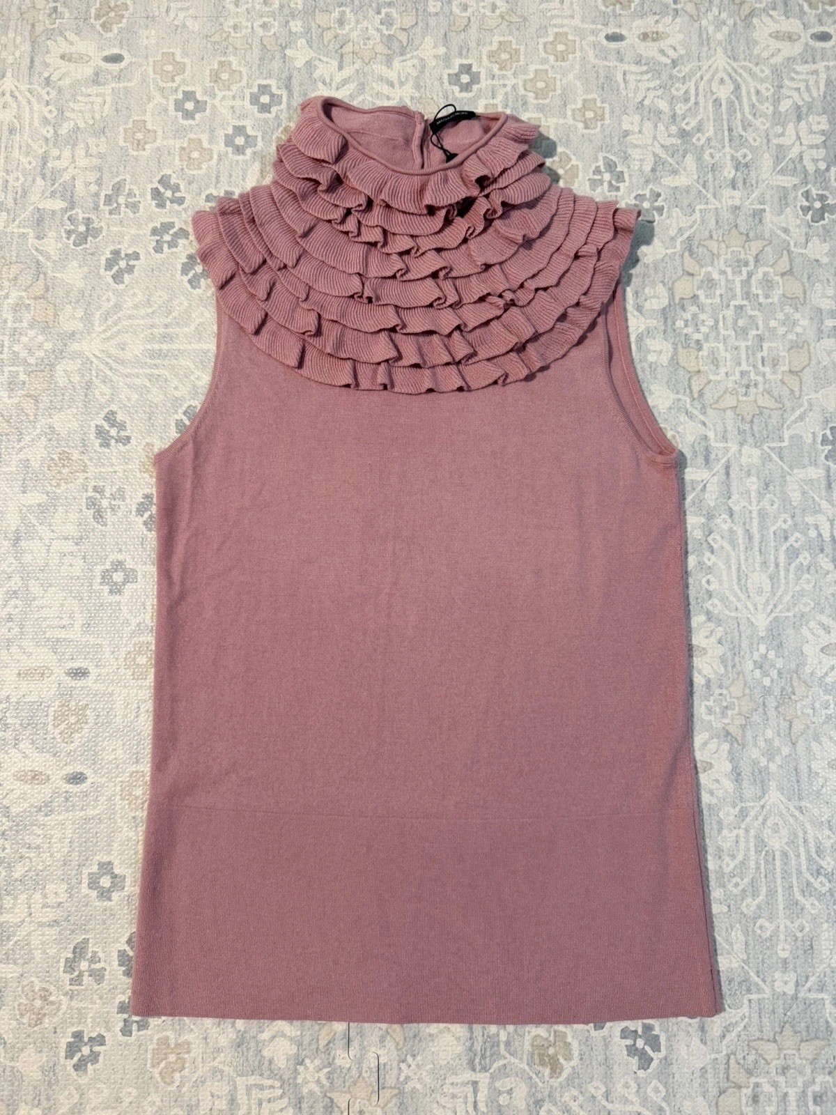 NWT Magaschoni Sweater M Sleeveless 100% Cashmere Blush Ruffle Mock Neck $252