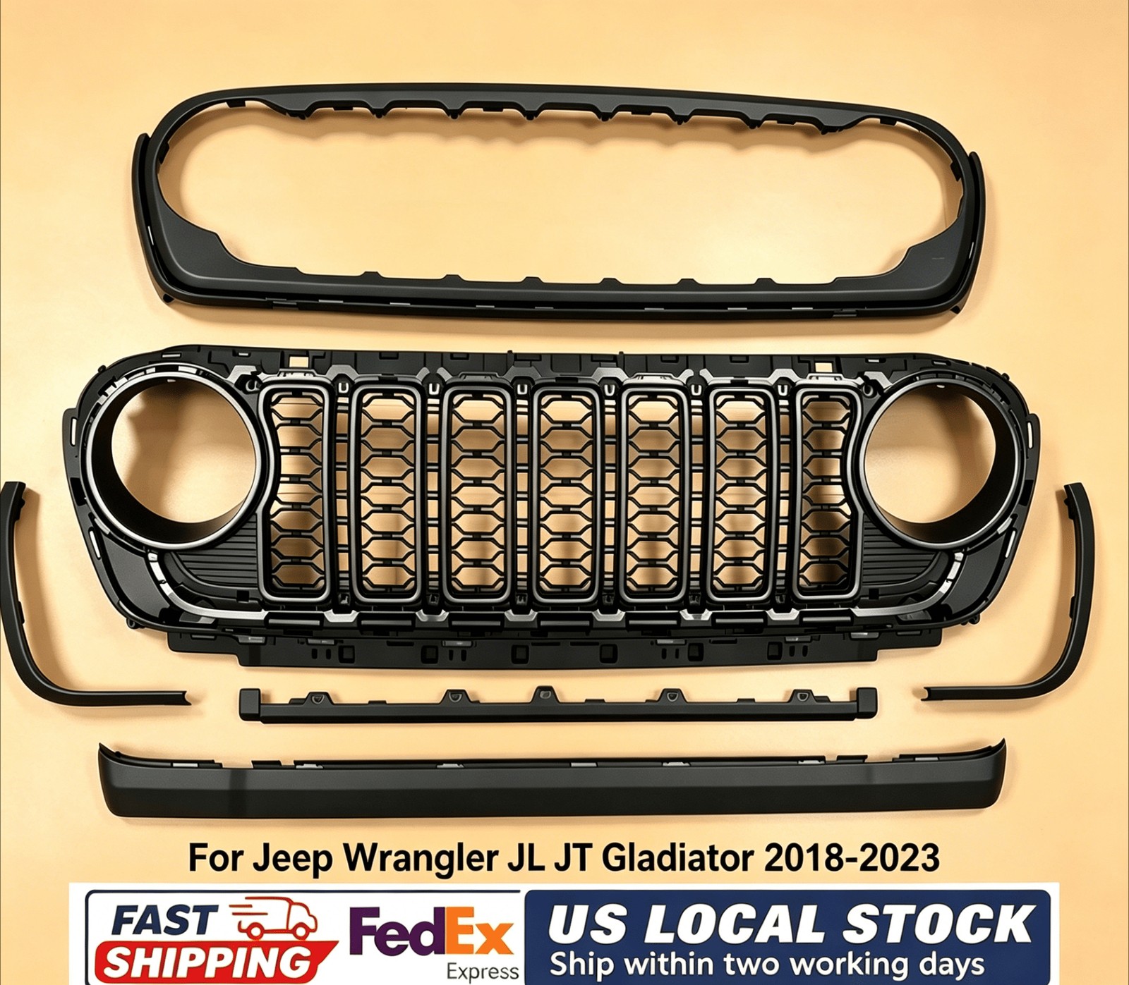Black Front Grille No Camera Hole for Jeep Wrangler JL Gladiator JT 2018-2024