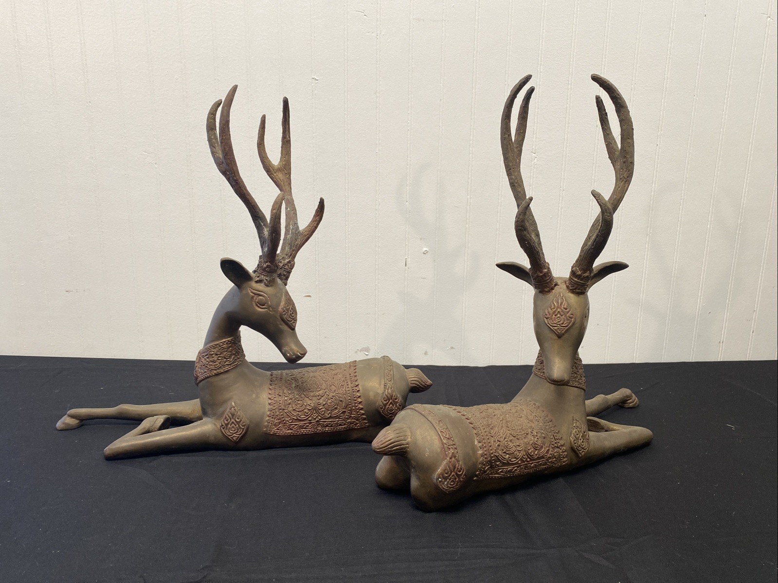 Pair Vintage MCM Brass Sarried Style Laying Resting Deer Bucks Stags 14” X 12.5”
