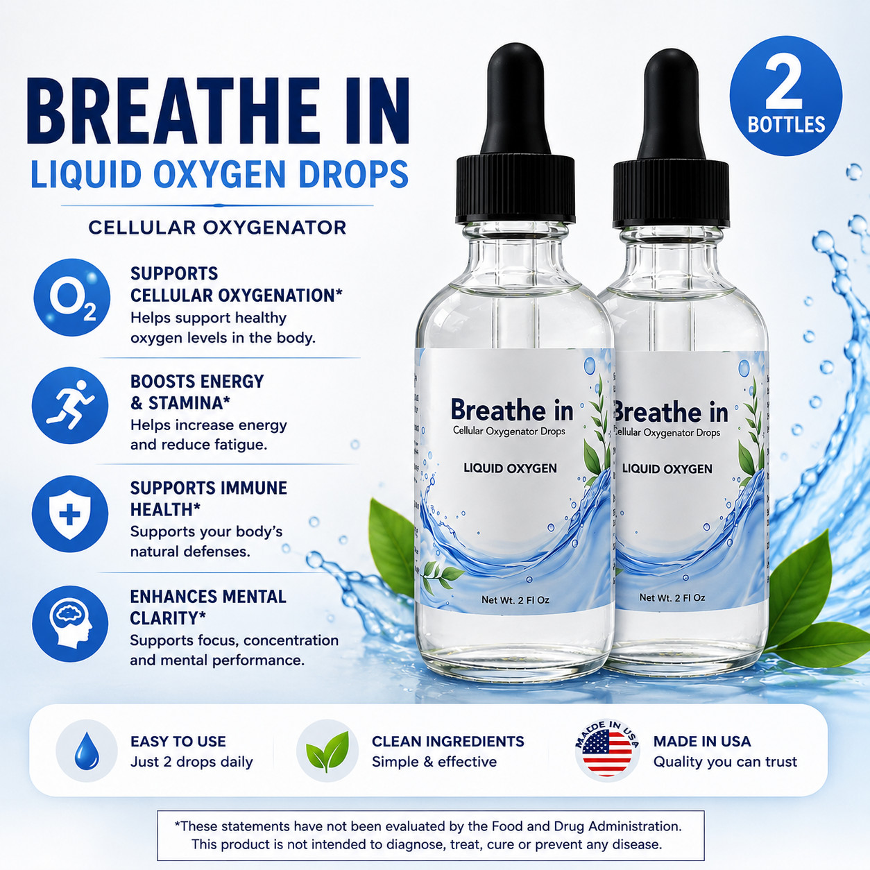 2 Oxygen Liquid Drops Cellular Oxygenation Dropper Cell Stabilized Energy Health