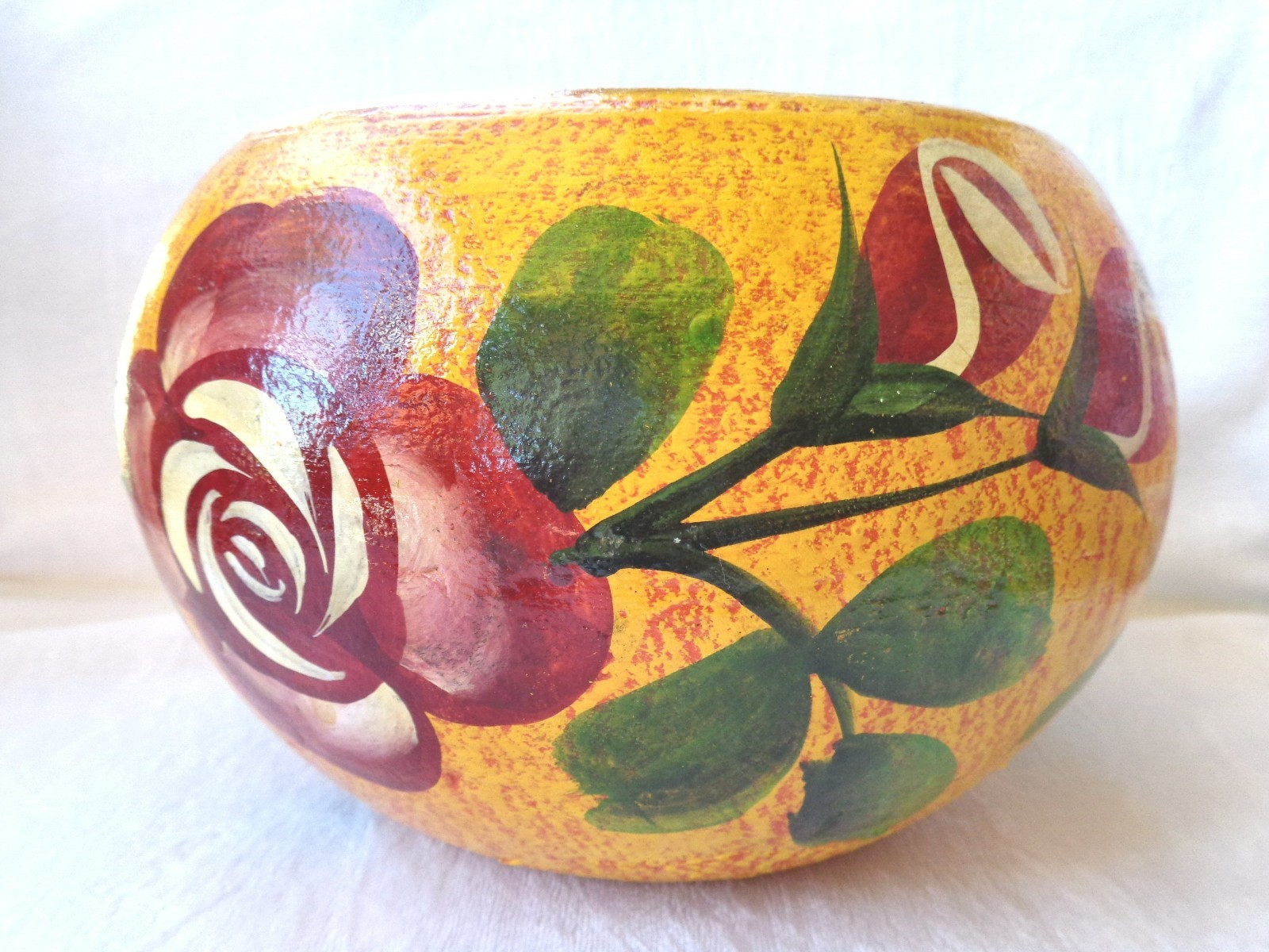 VINTAGE MEXICAN FOLK ART HAND PAINTED ROSES POTTERY PLANTER W/DRAINAGE HOLE