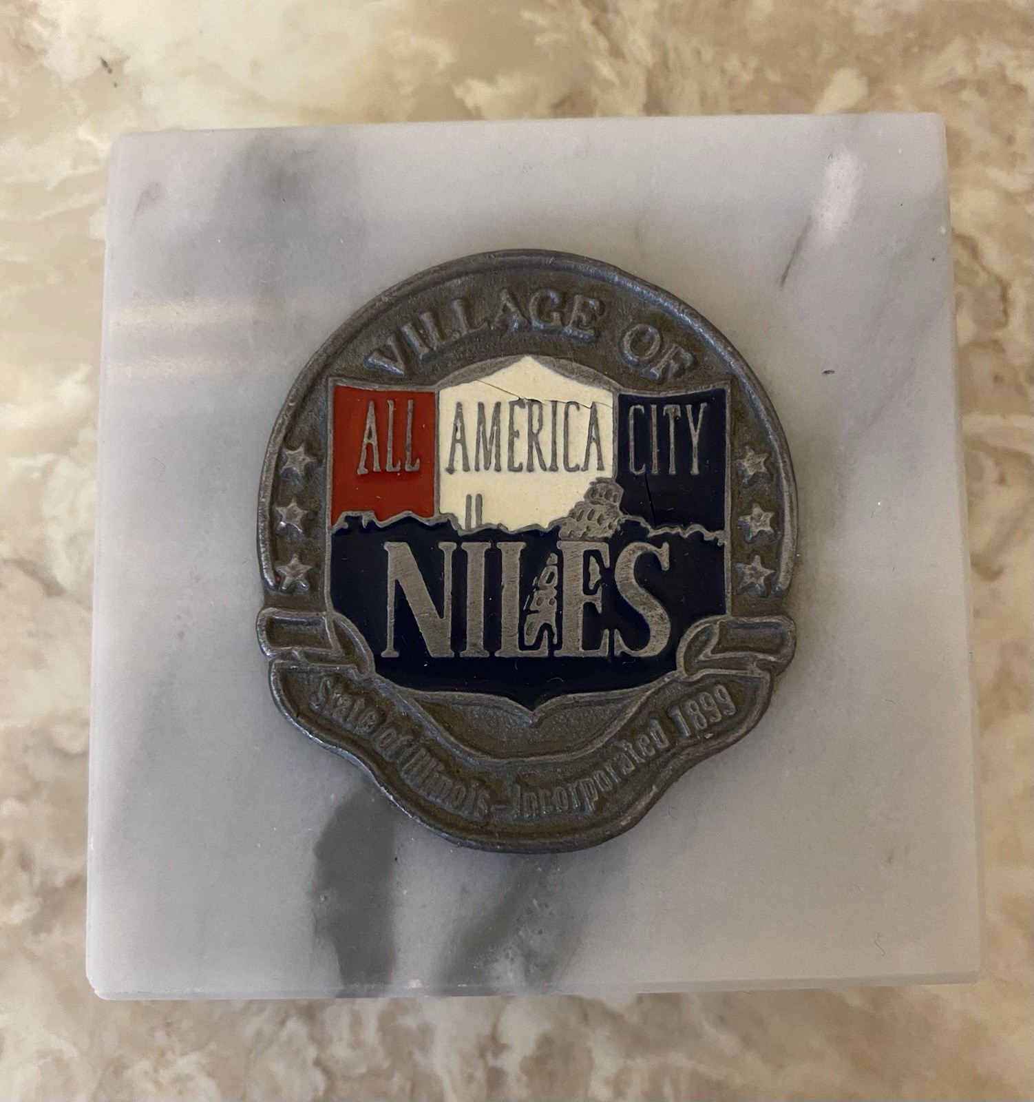 Vintage Village Of Niles IL  All America City Marble Paperweight Emblem Seal