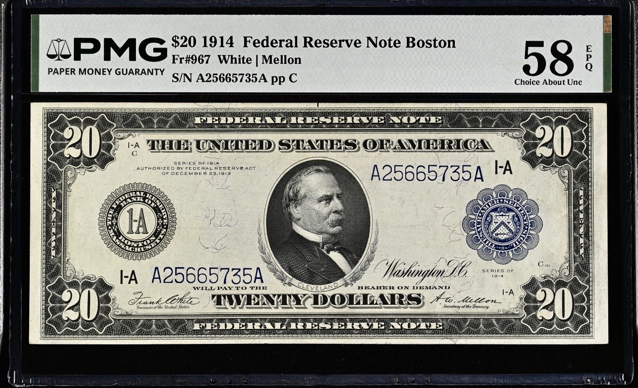 1914 $20 FEDERAL RESERVE NOTE BOSTON FR 967 PMG AU58 EPQ - POP OF 2 1914 $20 FEDERAL RESERVE NOTE BOSTON FR 967 PMG AU58 EPQ - POP OF 2