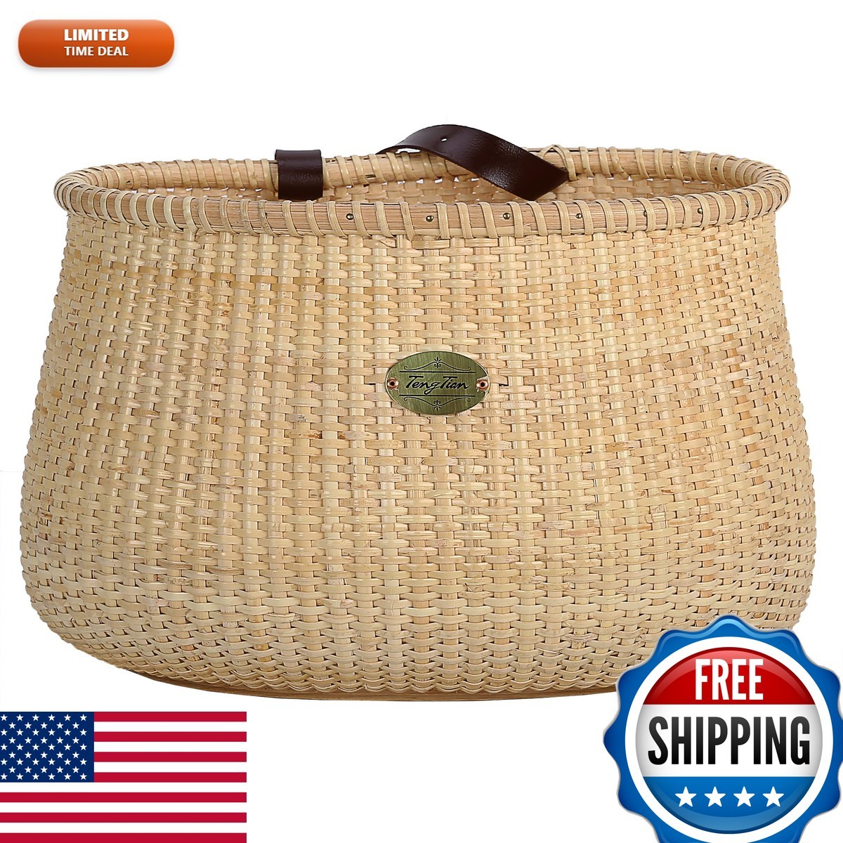 Teng Tian Nantucket Style Bike Basket Cane-on-Cane Weave Front for Beach