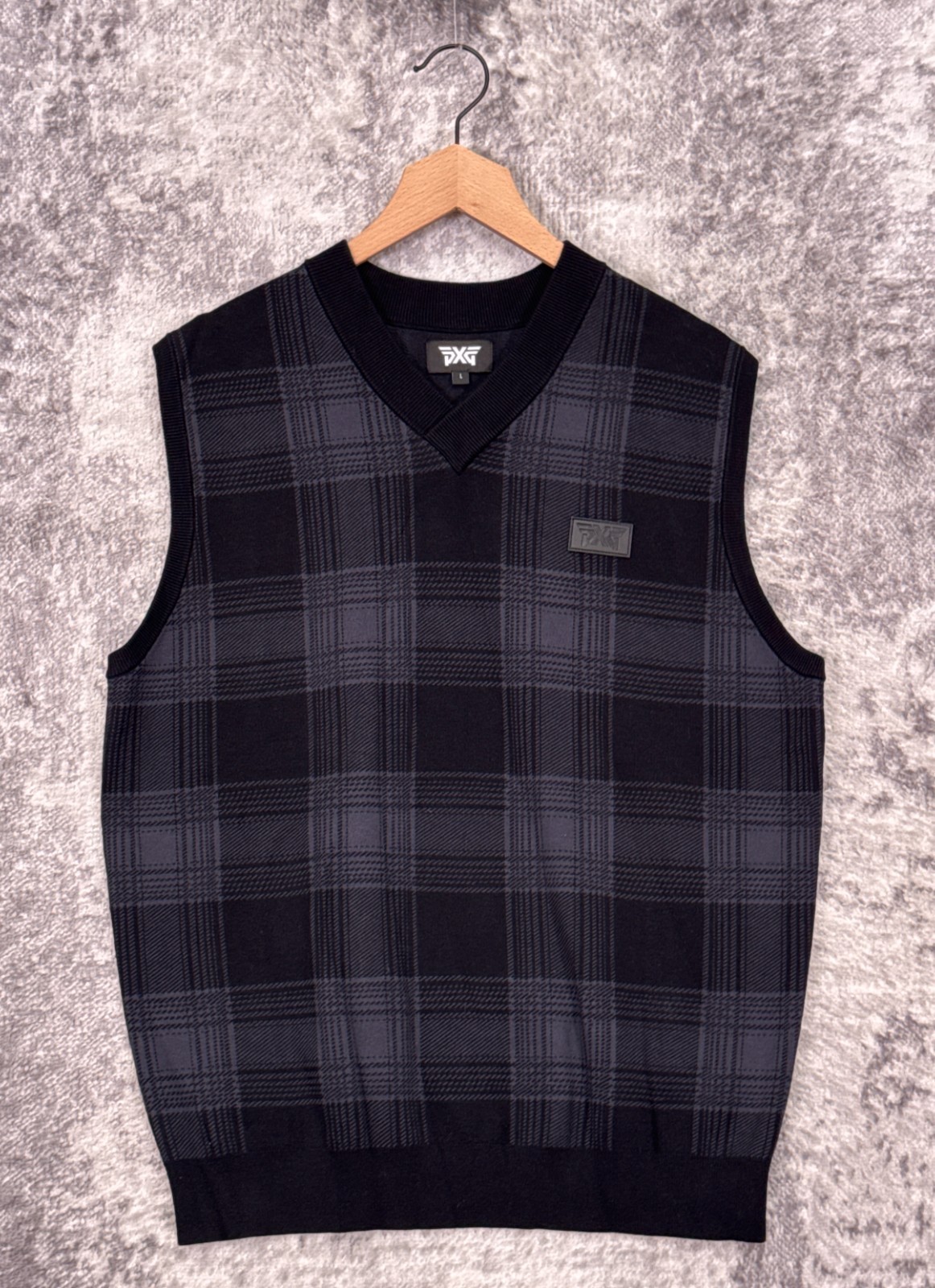 PXG Sweater Vest Large Mens Ombre Plaid Four Way Stretch Zip Pocket Golf
