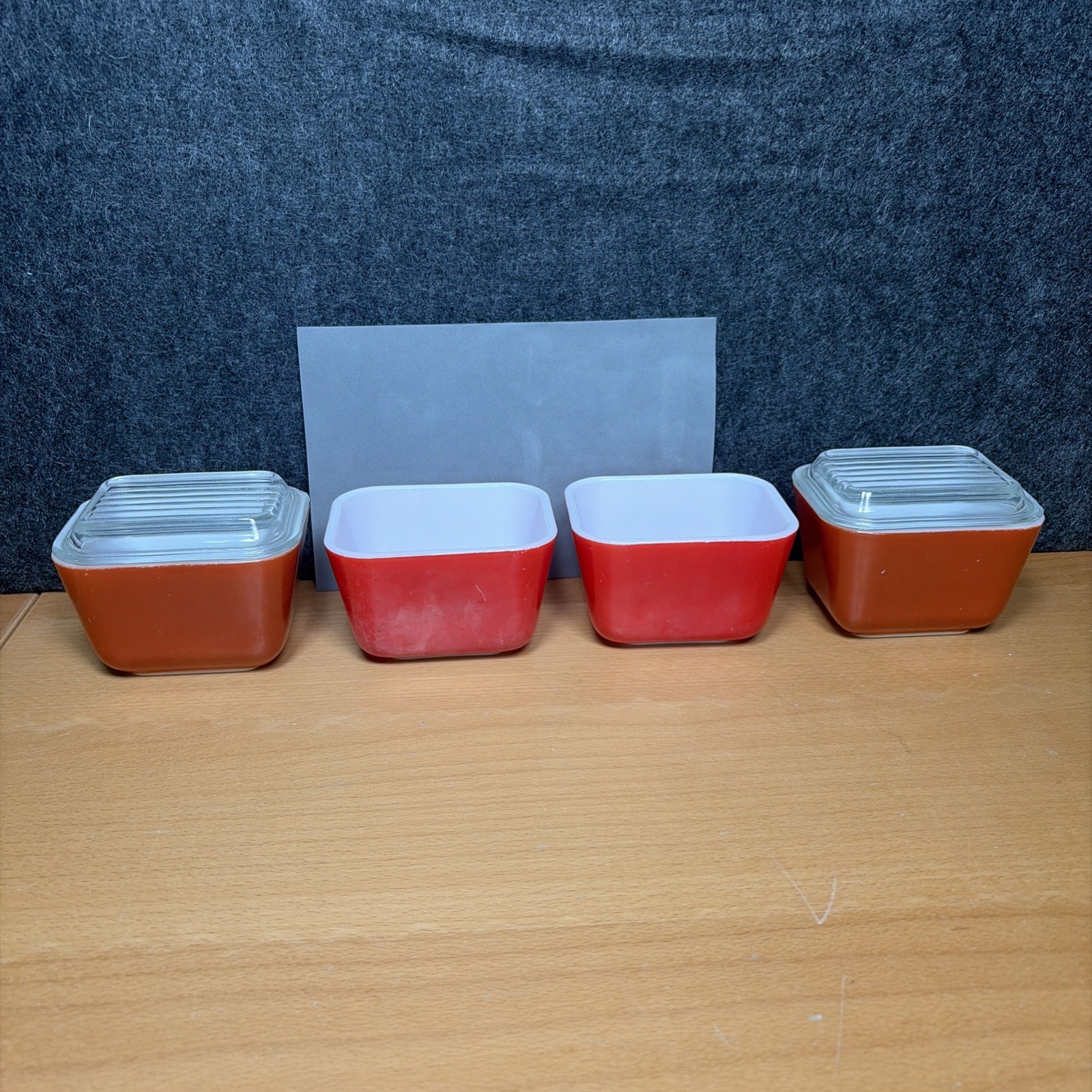 Set of 4 Vintage Pyrex Refrigerator Dishes W/ 2 Lids 501-B Red & Burnt Orange Set of 4 Vintage Pyrex Refrigerator Dishes W/ 2 Lids 501-B Red & Burnt Orange