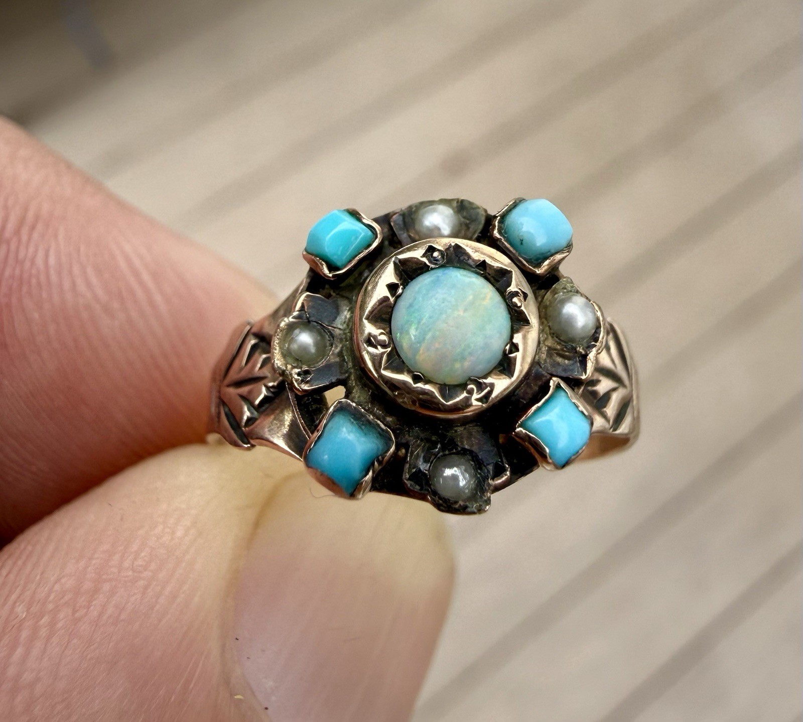 Antique Victorian 10k Gold Opal Turquoise Seed Pearl Ring Sz 6 Antique Victorian 10k Gold Opal Turquoise Seed Pearl Ring Sz 6