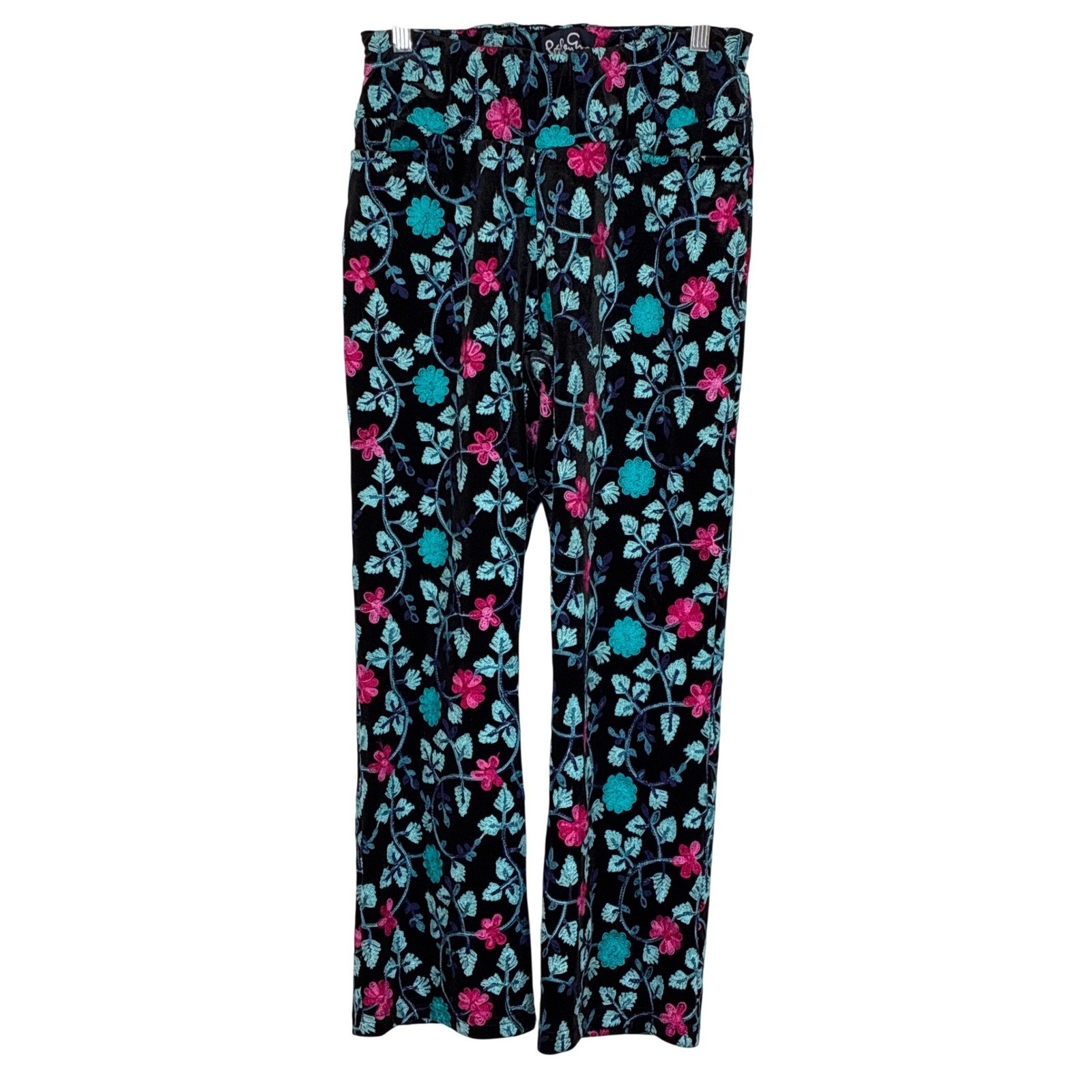 Lesley Evers Pants Velour Floral Embroidered Black Multicolor Boho Retro Medium Lesley Evers Pants Velour Floral Embroidered Black Multicolor Boho Retro Medium