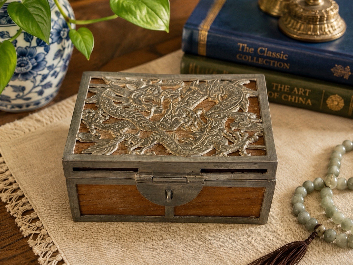 Vintage Chinese Dragon Wood & Pewter Trinket Box Jewelry Box Made in China