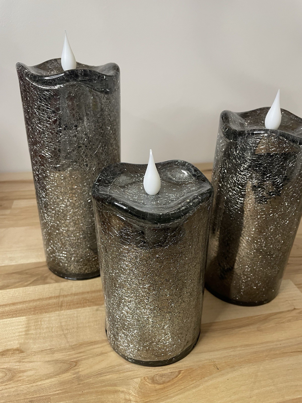 Valerie Parr Hill Set Of 3 Smoke Crackle Glass Illuminated Candles With Timers