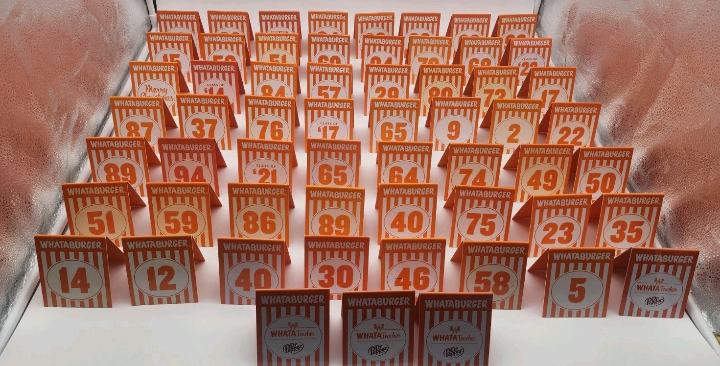 Whataburger Table Tents Lot Of 59 Assorted Numbers + Special Editions Bundle Whataburger Table Tents Lot Of 59 Assorted Numbers + Special Editions Bundle