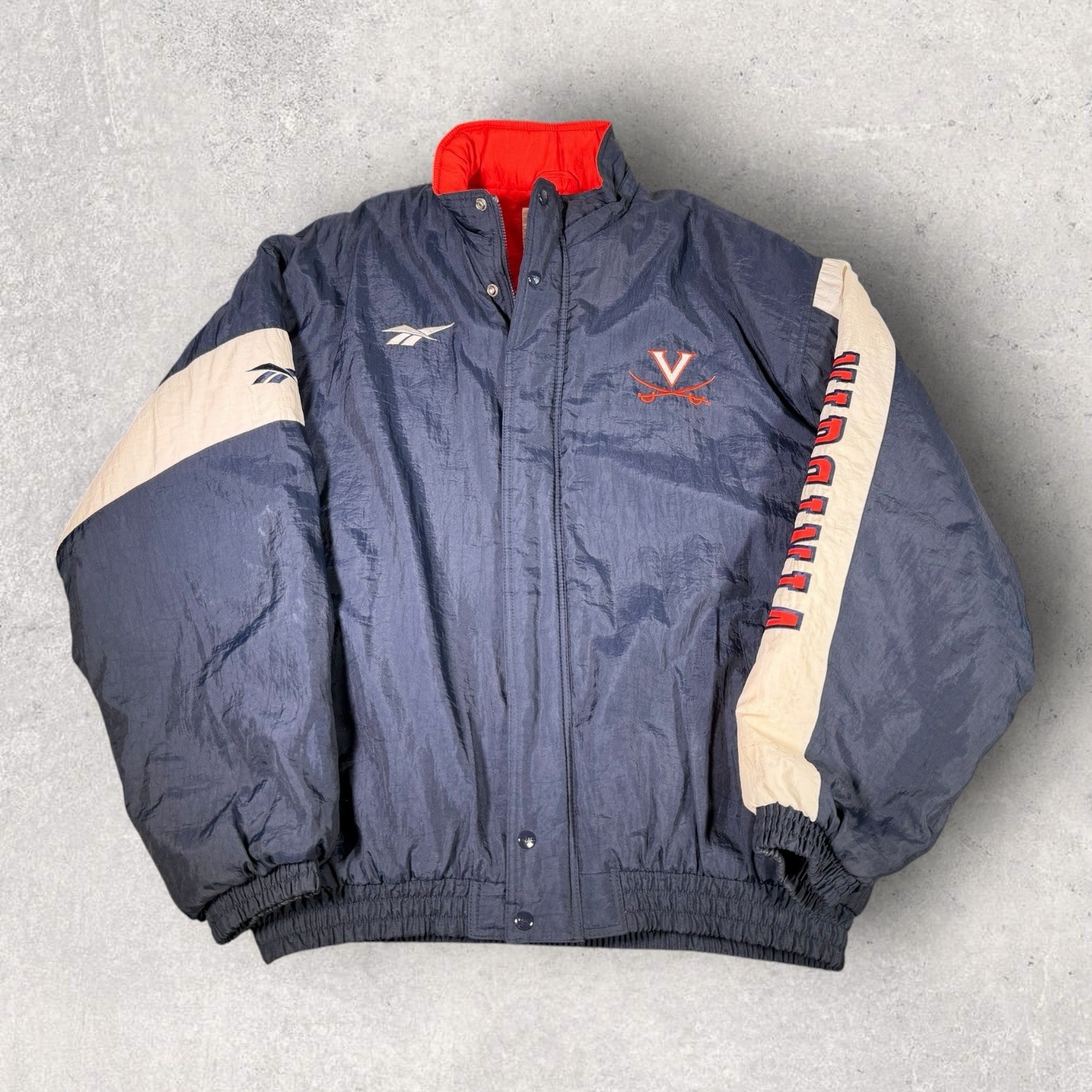 Vintage Reebok UVA Virginia Cavaliers Jacket Mens XL Blue White Puffer Jacket Vintage Reebok UVA Virginia Cavaliers Jacket Mens XL Blue White Puffer Jacket