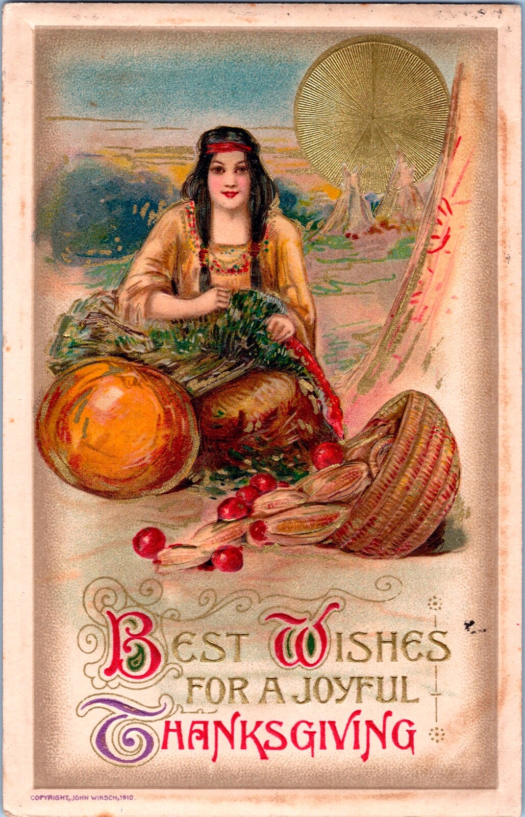Vintage 1910 Schmucker Indian Winsch Girl, Harvest, Turkey Thanksgiving Postcard Vintage 1910 Schmucker Indian Winsch Girl, Harvest, Turkey Thanksgiving Postcard