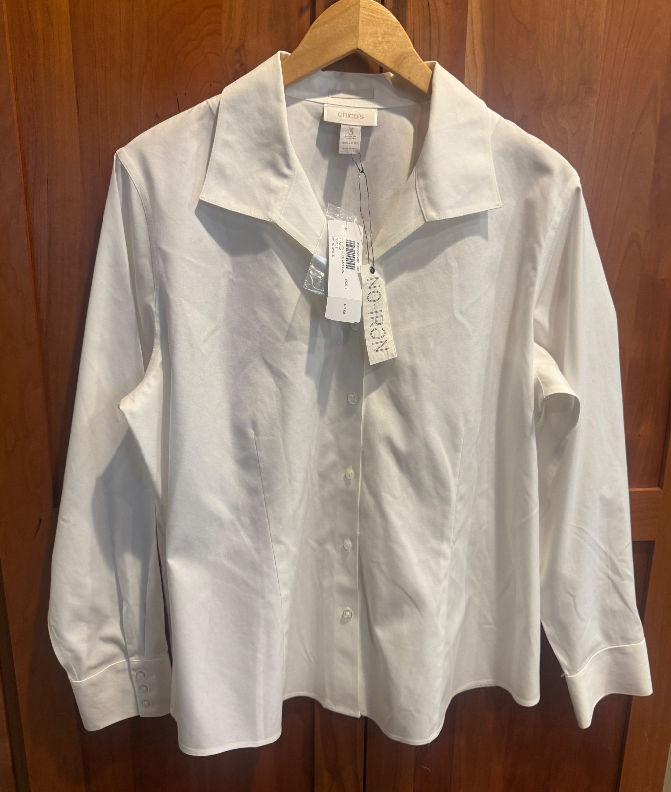 NWT Chico\'s Size 3 (XL) White Effortless No-Iron Cotton Lenora L/S Shirt