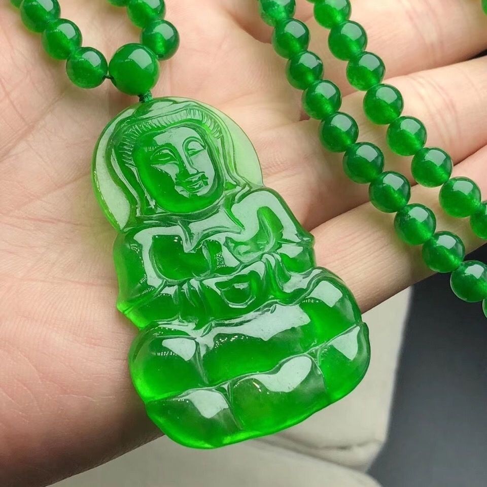 Myanmar Jadeite High Ice-Grade Full Green Guanyin Pendant Necklace