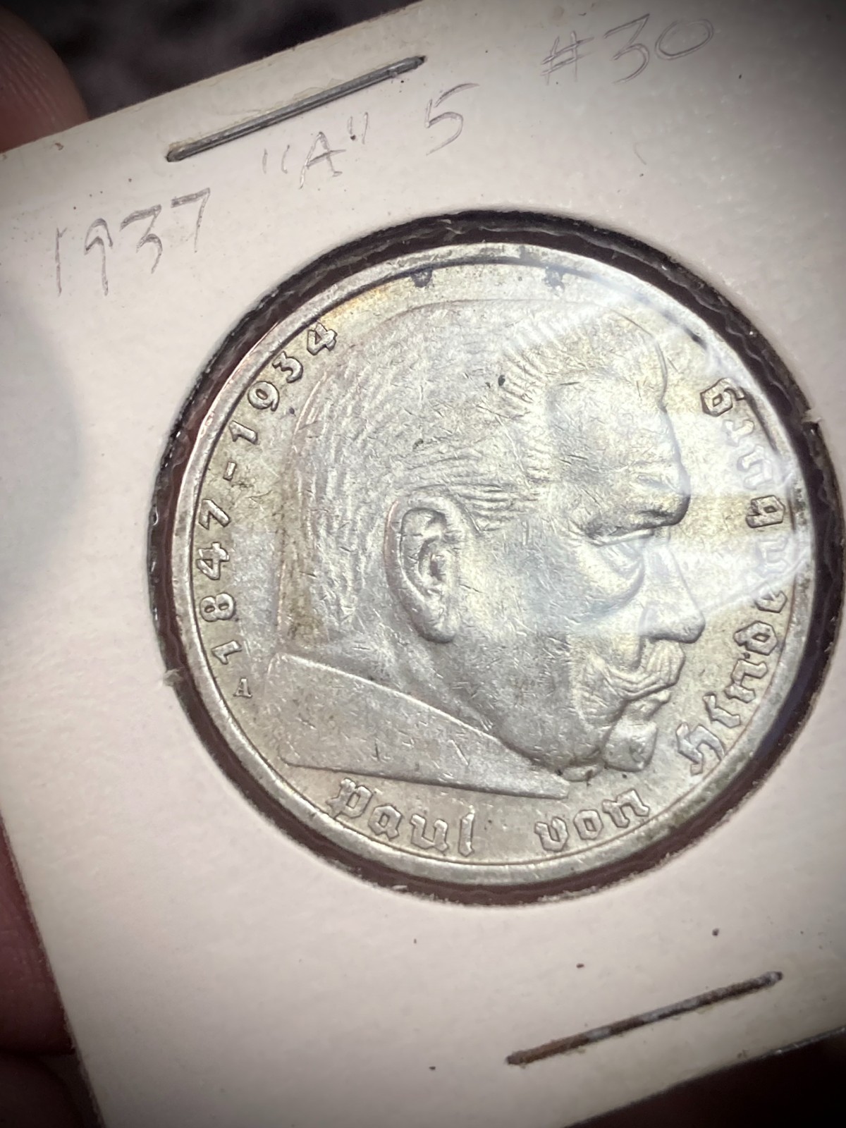 1937-A Germany 5 Reichsmark Silver Coin - Paul von Hindenburg - Berlin Mint