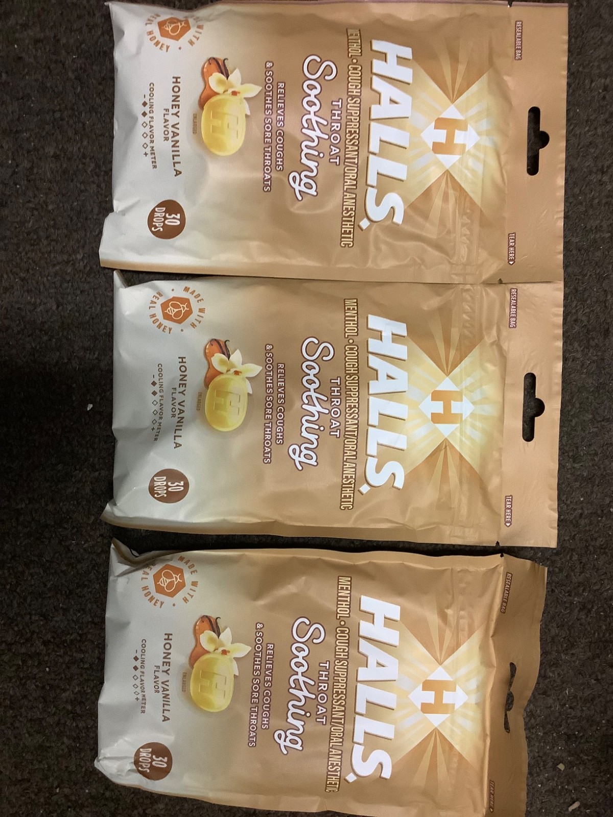 3X HALLS Throat Soothing Honey Vanilla Flavor Cough Drops 3 Bags 90 Total Drops