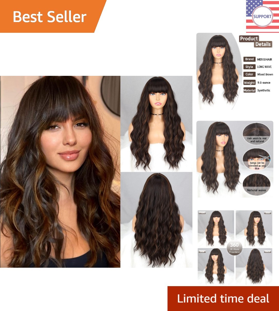 Stunning Long Wavy Brown Wig - Adjustable Bangs for Unmatched Versatility
