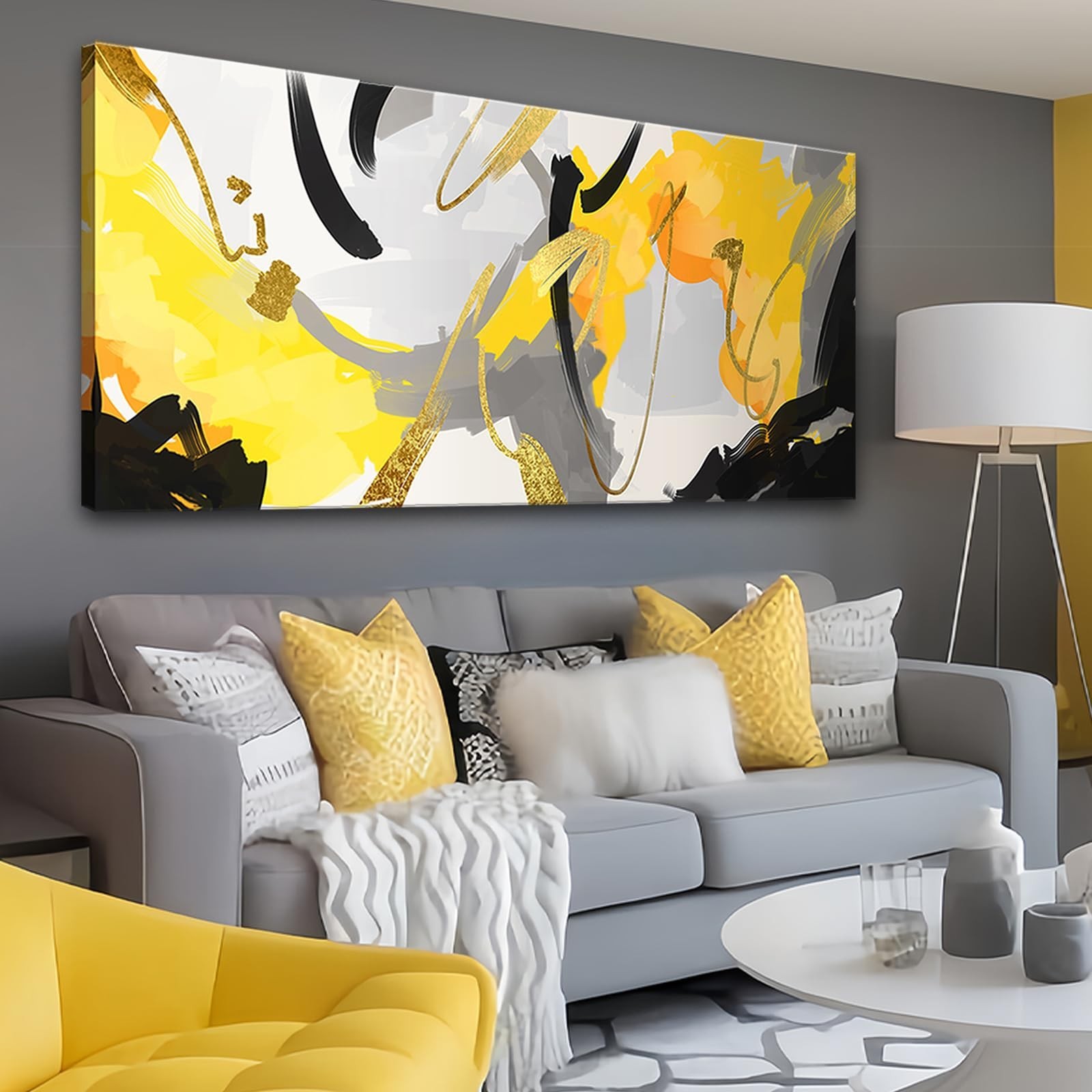 weiyiart Abstract Yellow and Black Canvas Wall Art Bold Modern Print Painting...