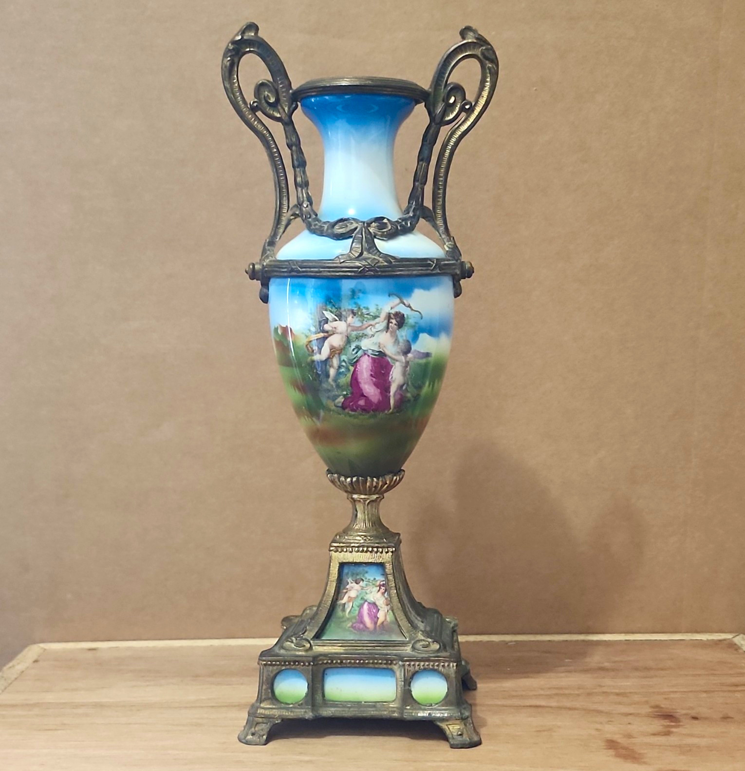 Antique Porcelain French Vase with Hand Painted Cherubs and Brass Gildings 16\