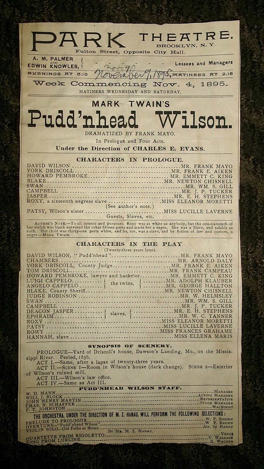 Pudd\'nhead Wilson 1895 Mark Twain Frank Mayo Brooklyn Park Theatre Program RARE