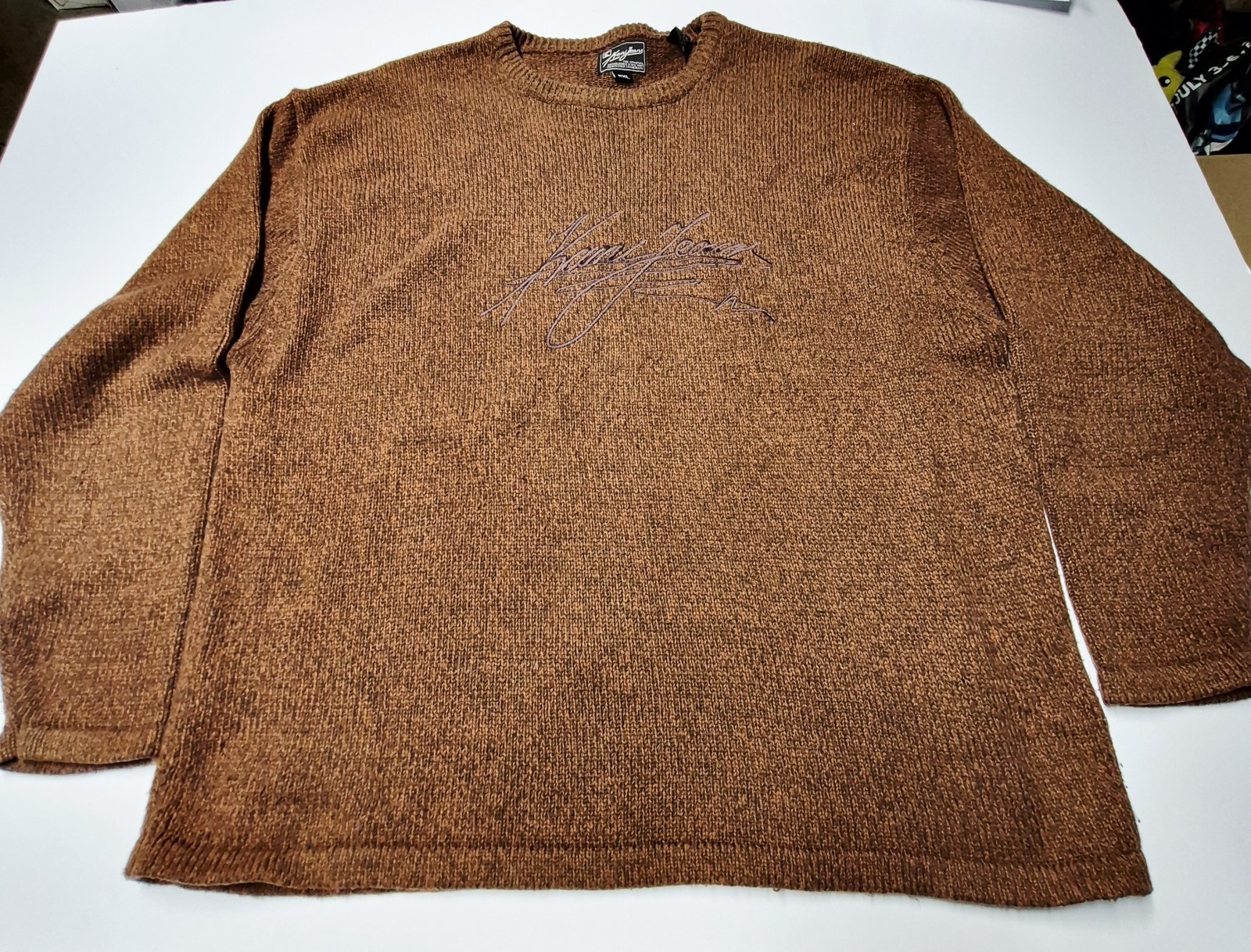 Vintage 90s Karl Kani Jeans Sweater XXL Brown Knit Embroidered Logo Hip Hop Y2K