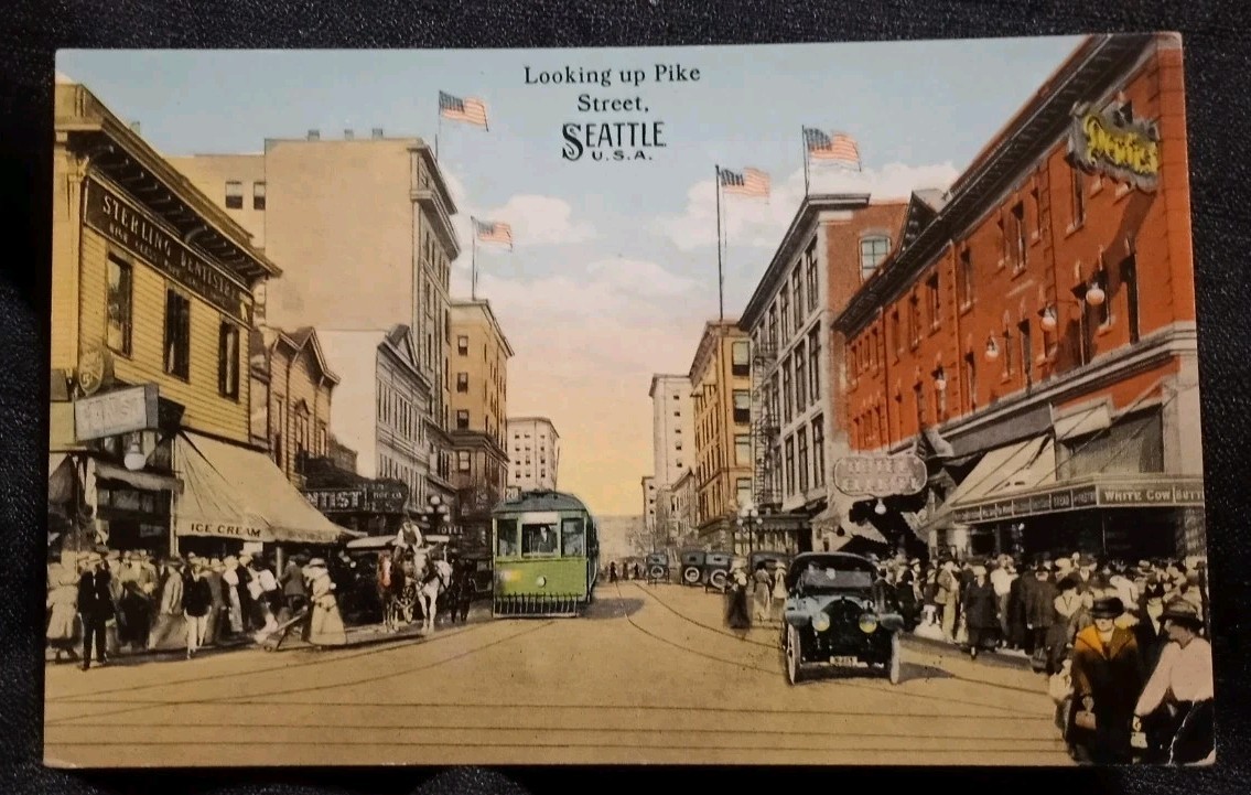 Vintage 1900s Looking Up Pike Street Seattle Washington U.S.A. Postcard