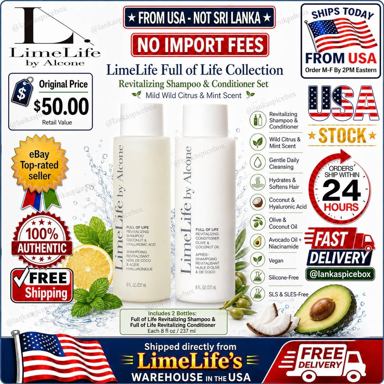LimeLife Full of Life Shampoo Conditioner Duo 8 oz Each Citrus Mint New in Box🔥